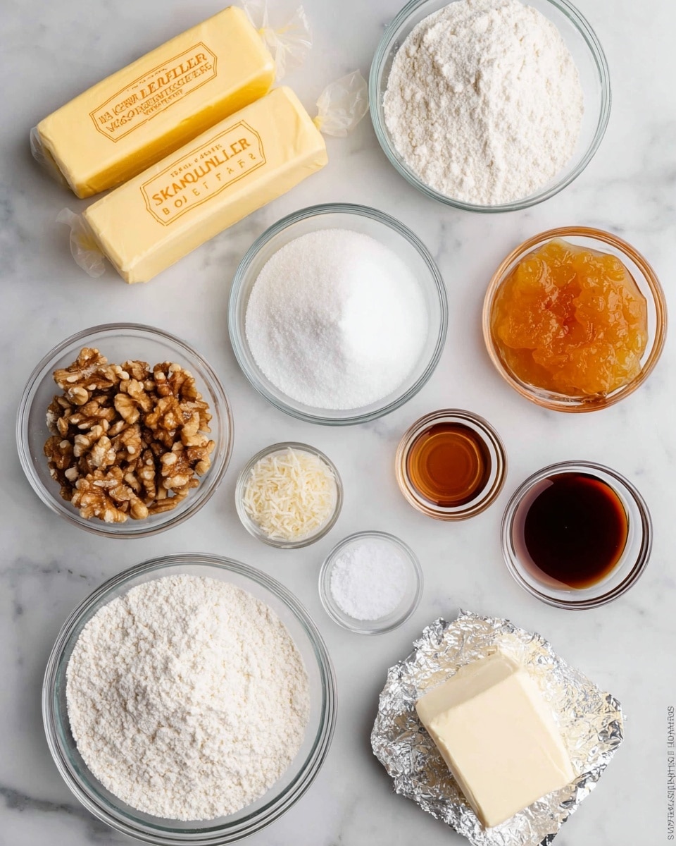 The image shows an arrangement of baking ingredients placed on a white marbled texture. There are two sticks of salted butter wrapped in yellow paper, positioned at the top. Below, clear glass bowls hold white sugar, powdered sugar, flour, shredded coconut, and chopped walnuts, each with a different texture and white or light brown color. A small glass bowl contains vanilla extract, with a dark brown liquid inside. Another small bowl holds a pinch of salt, and a partially unwrapped block of cream cheese sits in silver foil at the bottom right. A bowl with orange-colored apricot jam is near the top right, showing a sticky, glossy texture. All the items are neatly spaced and clearly visible, photo taken with an iphone --ar 4:5 --v 7