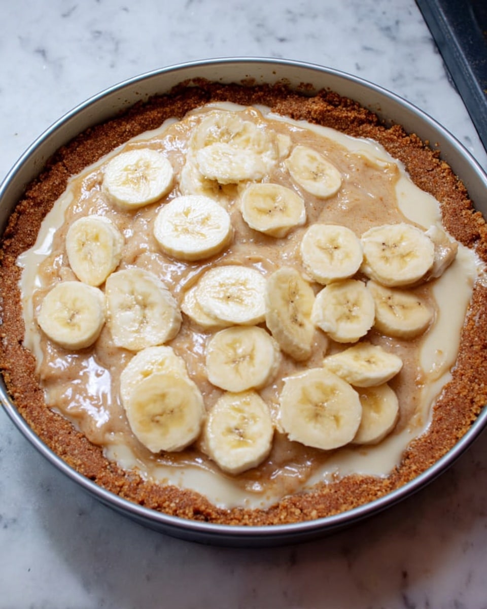 The image shows a dessert in a round metal pan with a thick golden brown crust forming the base and sides. Inside, a layer of light brown, creamy filling covers most of the crust with smooth texture and slight shine. On top, there are evenly spread slices of banana that are pale yellow with smooth edges, partially pressed into the filling. The whole dessert sits on a white marbled surface. photo taken with an iphone --ar 4:5 --v 7