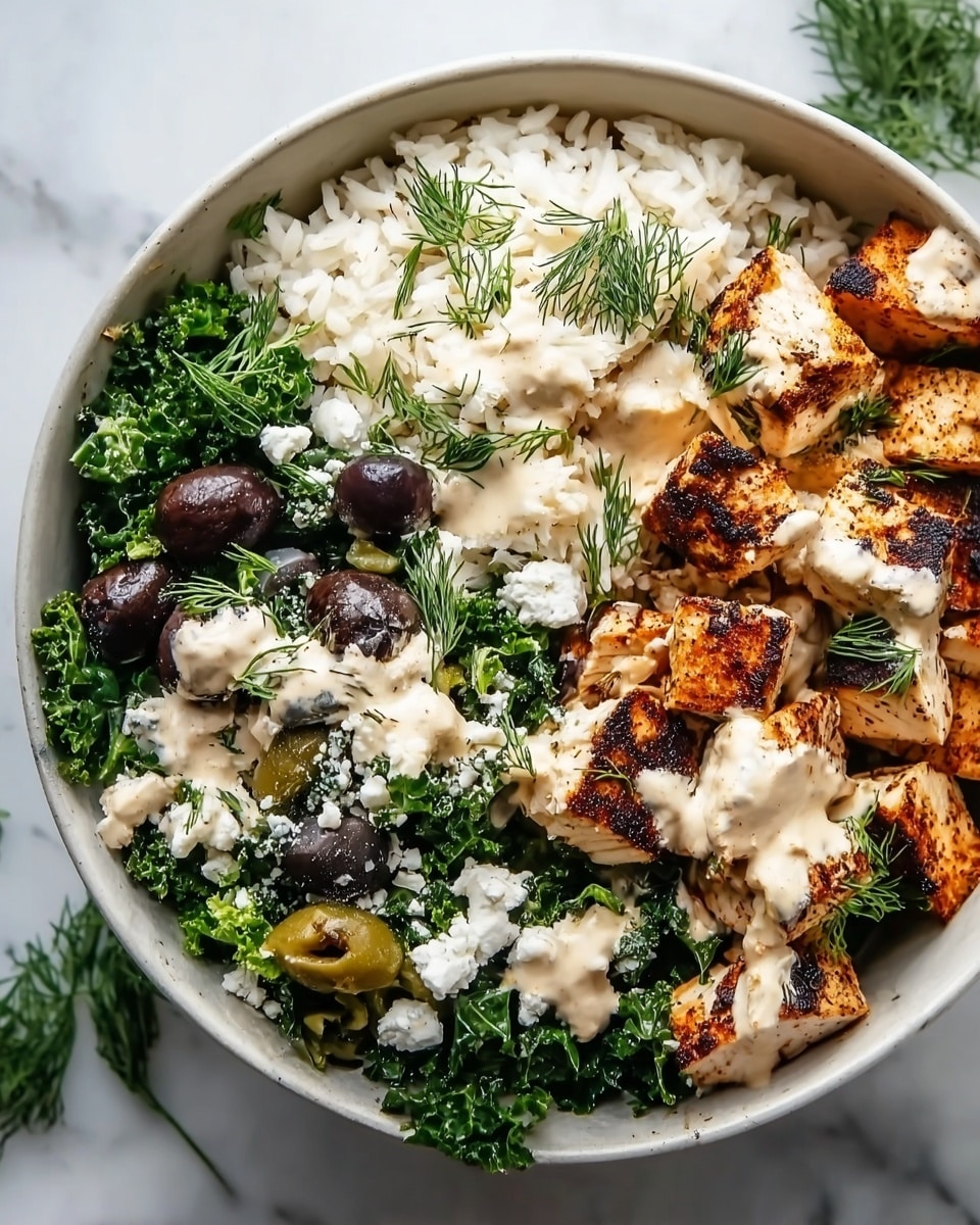 A white bowl filled with three main parts: on the right side, white cooked rice forms the base layer; in the middle and slightly overlapping the rice, golden-brown grilled chicken pieces with some darker char marks are topped with a creamy white sauce; on the left side, a mix of fresh green kale leaves, dark purple olives, green olives, and small bits of white cheese creates a textured leafy layer, also drizzled with the same creamy sauce and garnished with sprigs of fresh dill, all placed on a white marbled surface. photo taken with an iphone --ar 4:5 --v 7