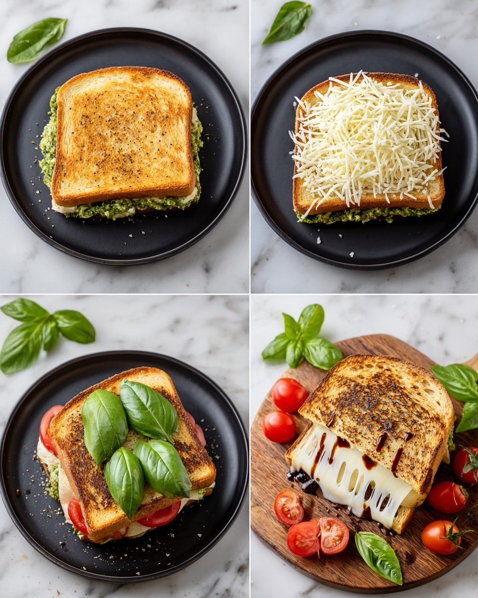 The image shows the process of making a toasted sandwich in four steps. In the first step, a slice of toasted bread with a golden brown and slightly crispy texture lies on a black plate, topped with several layers: a base layer of tomato slices, a green spread layer likely pesto, and a generous pile of shredded white cheese covering everything. In the second step, another slice of toasted bread with a similar golden texture is placed on a black plate, showing some black pepper and a light drizzle of oil on top. The third step shows the sandwich partially assembled and toasted, with the melted cheese stretching between the two slices; the top bread is layered with green pesto spread, tomato slices, and three large, fresh green basil leaves with a drizzle of dark balsamic glaze. Finally, the sandwich is fully toasted to a crispy golden brown with some darker brown grill marks and cut in half on a wooden round board, surrounded by fresh basil leaves and small red tomatoes on a white marbled surface. Photo taken with an iphone --ar 4:5 --v 7