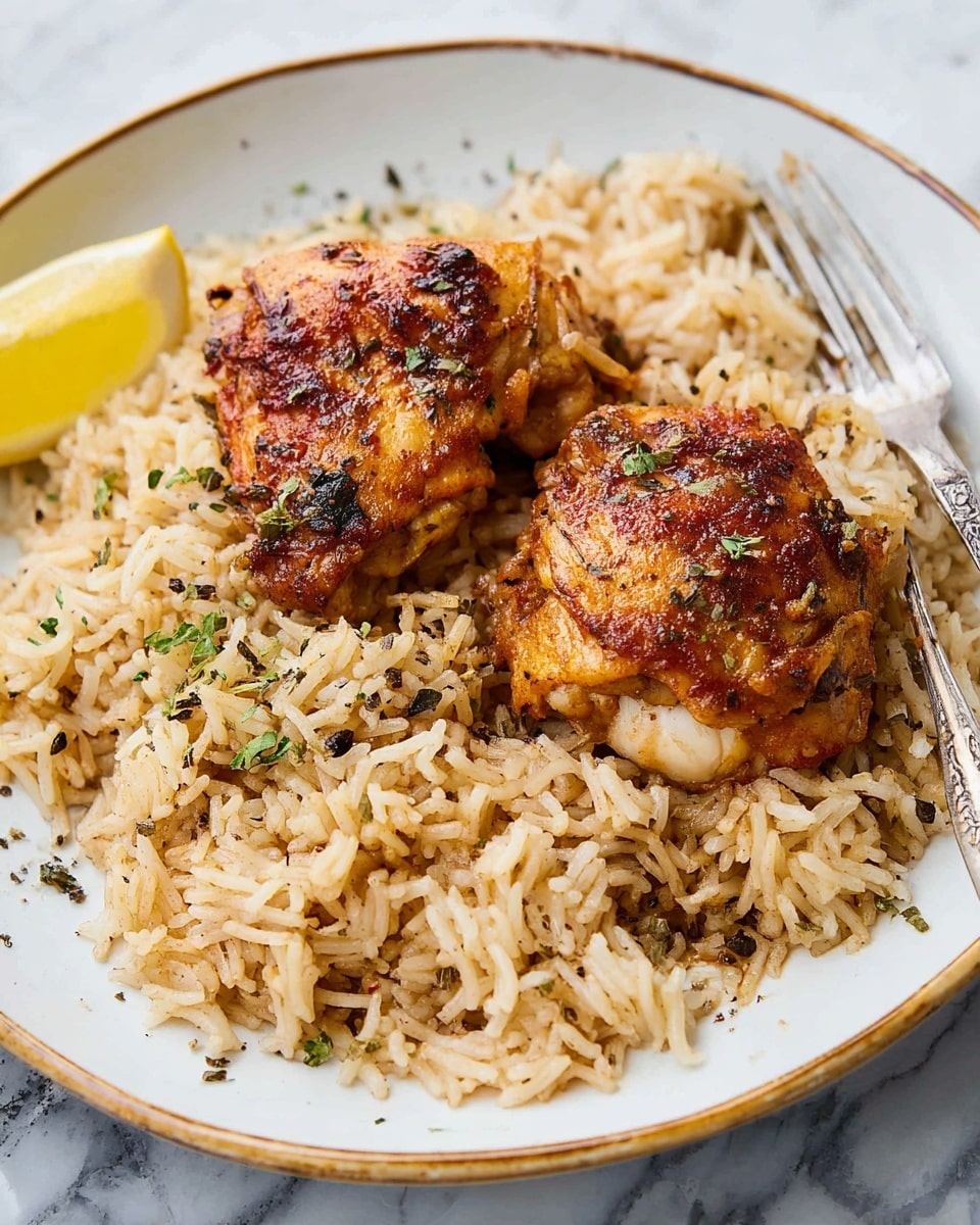 A white plate with a golden rim holds a bed of light brown seasoned rice spread evenly as the base layer. On top, there are two pieces of cooked chicken with a reddish-brown crispy skin, showing some herbs and spices on the surface. The rice has small green and black seasoning bits mixed in. On one side of the plate, there is a small wedge of yellow lemon. A silver fork is placed next to the food. The background is a white marbled texture. Photo taken with an iphone --ar 4:5 --v 7