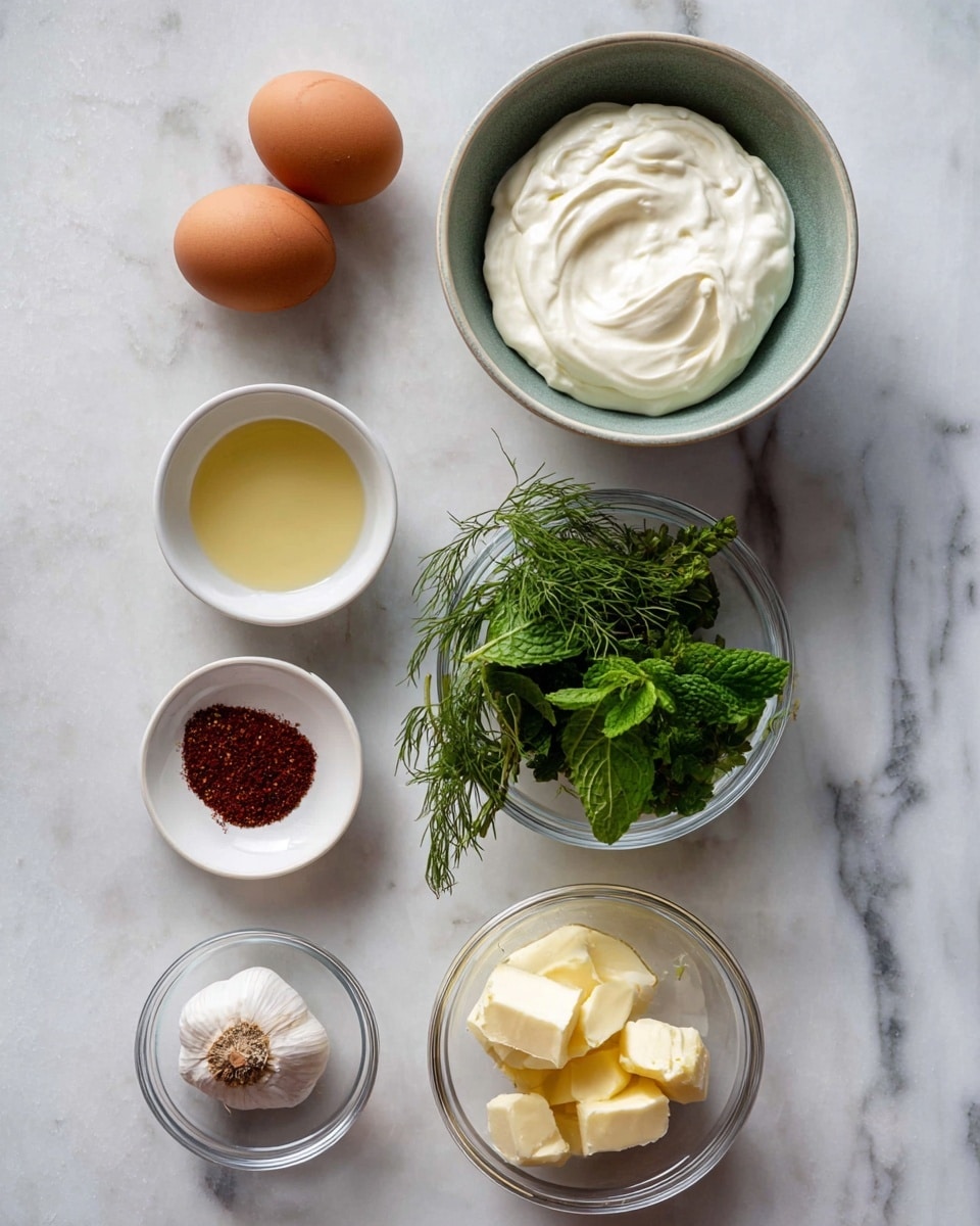 The image shows seven clear and white bowls and one garlic clove arranged on a white marbled surface. The largest bowl is white with a gray-green inside and is filled with thick, white cream, placed at the top right. Below it, a small clear bowl holds fresh green herbs including dill and mint. To the left of the herb bowl, a small white bowl contains ground spices in red and dark brown colors. Above that, a single garlic clove rests on the surface. To the left of the garlic, a small white bowl is filled with a light golden liquid. Below that, a clear bowl contains several yellow butter pieces. At the top left, a clear bowl holds two brown eggs. The bowls and garlic are spaced neatly across the surface. Photo taken with an iphone --ar 4:5 --v 7