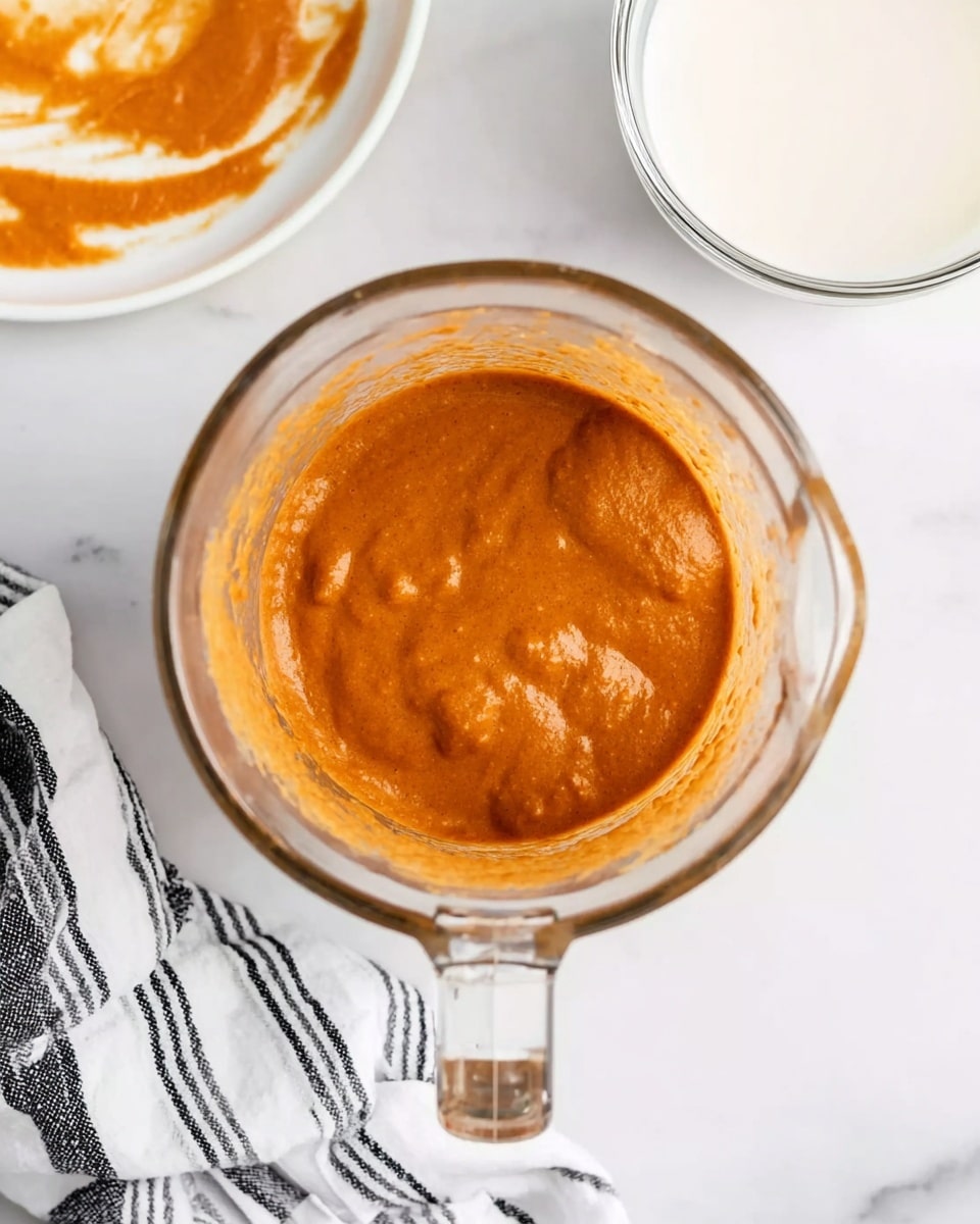 A top view of a clear glass blender container filled with a thick, smooth orange-brown sauce with some texture visible on the surface, sitting on a white marbled surface. To the top right of the blender is a clear glass bowl filled with white liquid, and part of a white marbled plate with orange sauce is visible in the top left corner. A white towel with black stripes lies next to the blender on the left side. Photo taken with an iphone --ar 4:5 --v 7