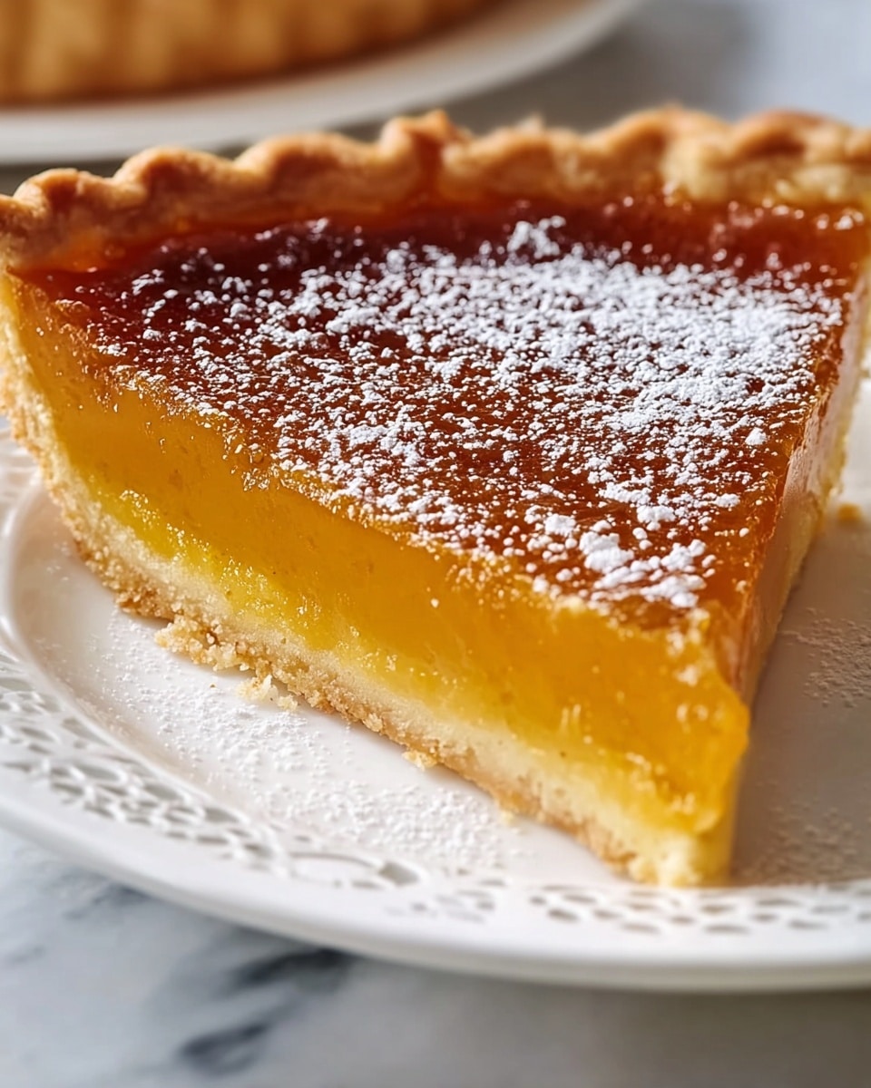 A close-up of a pie slice on a white plate with a lace-like edge, resting on a white marbled surface. The pie has three visible layers: a thin crust base that is light golden and crumbly, a thick middle layer of smooth, glossy orange custard filling with a slightly translucent texture, and a darker golden-brown top layer that appears caramelized with a subtle shiny finish. The top layer has a light dusting of powdered sugar scattered unevenly across it. Photo taken with an iphone --ar 4:5 --v 7