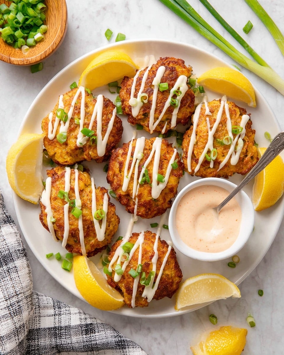 The image shows a white plate with several golden-brown fish cakes, each topped with thin white sauce lines and small green onion pieces. One fish cake is broken in half, showing a light, flaky inside texture. There are lemon wedges on the edge of the plate and a white bowl filled with a creamy pink sauce beside the cakes. The background is a white marbled surface. A woman's hand is holding the broken fish cake. Photo taken with an iphone --ar 4:5 --v 7