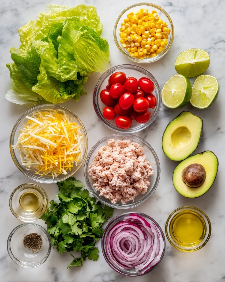 The image shows a neat arrangement of fresh ingredients on a white marbled surface. There is a small bunch of bright green romaine lettuce leaves on the left, with a small clear bowl of vibrant yellow corn kernels above it. Below the lettuce, a clear bowl filled with small, shiny red cherry tomatoes sits next to a bowl of mixed shredded cheese in yellow and white colors. Centered is a clear bowl holding light pink ground chicken, surrounded by a pile of fresh cilantro leaves at the bottom. To the right are two halves of a green avocado, one showing the brown seed. Near the avocado, there are thin slices of purple-red onion in a clear bowl, a small bowl of white vinegar, and a small bowl of yellow-golden olive oil. Other small clear bowls hold light mustard, dark maple syrup, and a mix of salt and black pepper. Two halves of a green lime sit near the top right corner. The text labels for each ingredient are placed nearby. photo taken with an iphone --ar 4:5 --v 7