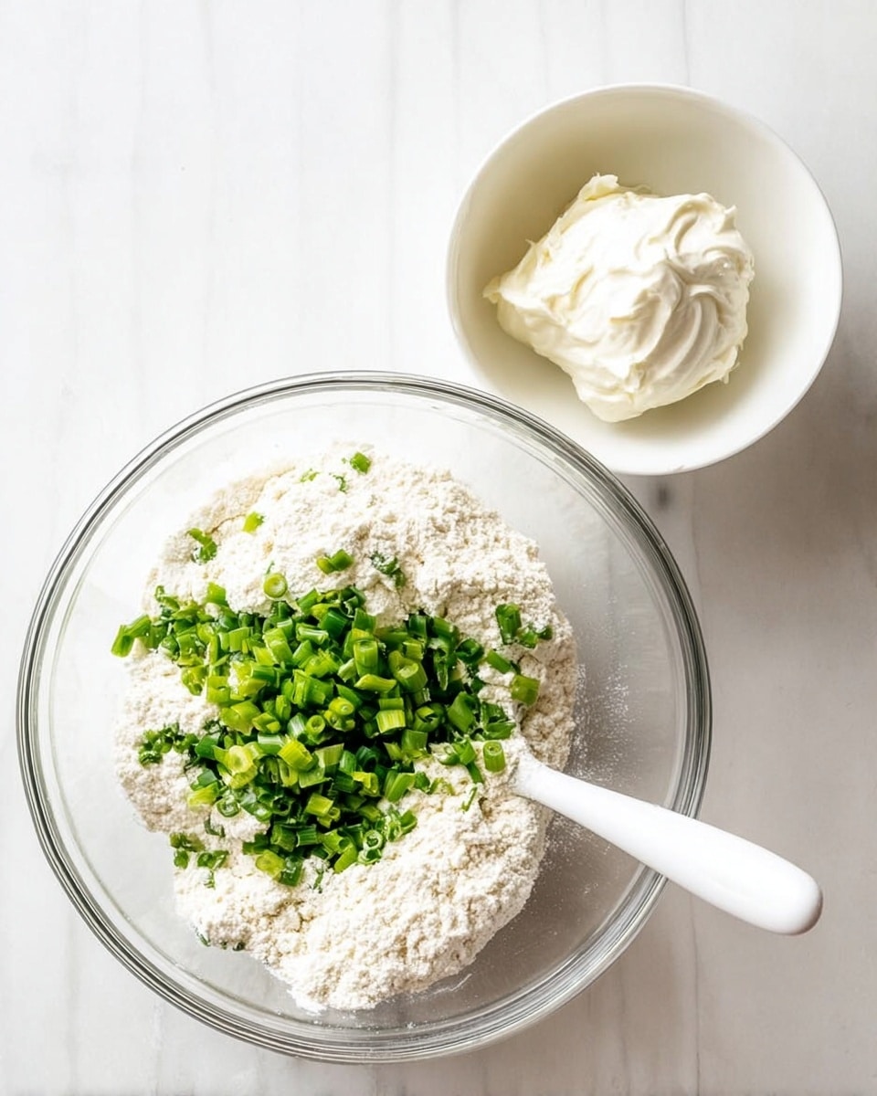 A clear glass bowl holds a mix of white flour and bright green chopped scallions layered on top, with a white spoon resting inside the bowl on the right side. Above and slightly to the left, a small white bowl contains a dollop of smooth, white sour cream or cream cheese. Both bowls sit on a white marbled surface. photo taken with an iphone --ar 4:5 --v 7