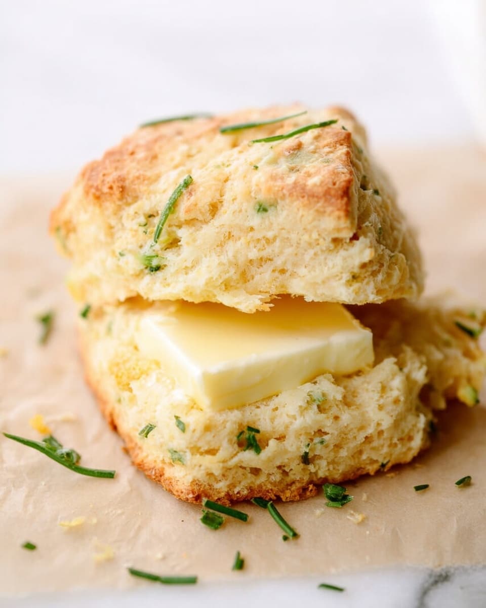A close-up of a biscuit split in two with a thick, rectangular piece of butter melting between the layers. The biscuit has a light golden brown crust with a rustic, crumbly texture, and small green herbs are visible throughout the soft, fluffy inside. The biscuit rests on a piece of light brown parchment paper, placed on a white marbled surface. A few small pieces of chopped green herbs are scattered around the biscuit. photo taken with an iphone --ar 4:5 --v 7