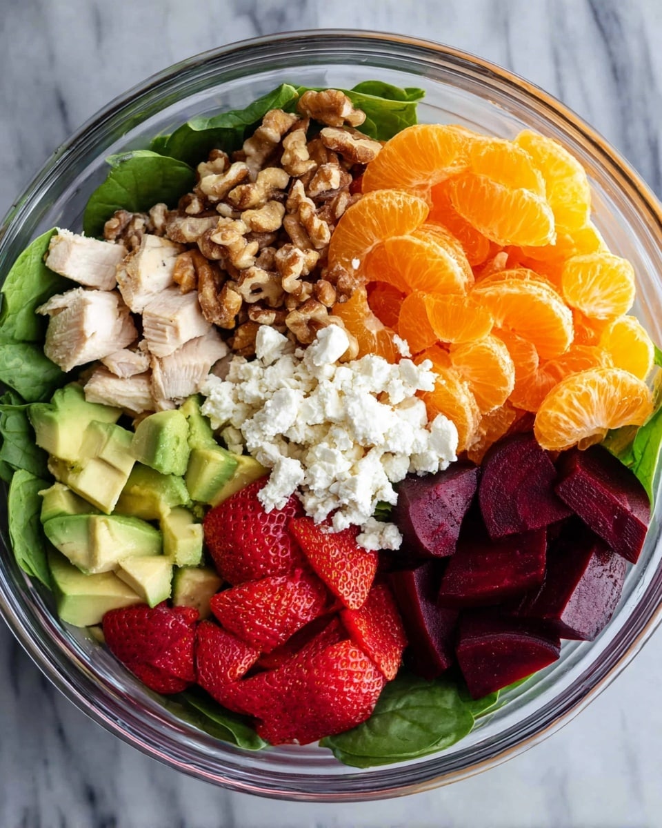 The image shows several small clear glass bowls and one white plate arranged on a white marbled surface. In the center, a white plate holds two pieces of cooked chicken with a light brown, slightly speckled surface. Around it, individual bowls contain bright green spinach leaves, sliced red strawberries, deep purple-red sliced beets, and peeled orange clementine segments. Half an avocado with a smooth green inside and brown seed is placed beside the bowls. Smaller clear bowls hold light brown walnut pieces and white crumbled goat cheese. Three small white bowls contain golden-yellow olive oil, pale yellow apple cider vinegar, and a mix of salt and pepper. Another small clear bowl holds light yellow dijon mustard, and one more has amber-colored honey. The overall setup is neat and colorful, showing fresh ingredients ready for a salad. Photo taken with an iphone --ar 4:5 --v 7