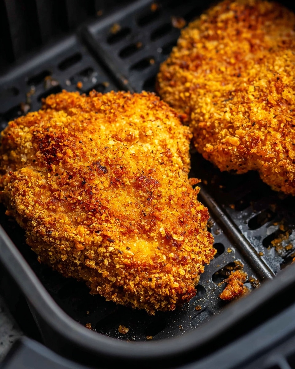 The image shows a close-up of two thick pieces of fried food with a crunchy golden-brown crumb coating, placed inside a black air fryer basket. The food pieces have a rough texture due to the crispy crumbs and slight color variations from light to darker brown spots, suggesting they are well cooked. The background includes part of the black air fryer with little crumbs scattered around, emphasizing the crunchiness. The focus is sharp on the crisp surface, showing its texture clearly. Photo taken with an iphone --ar 4:5 --v 7