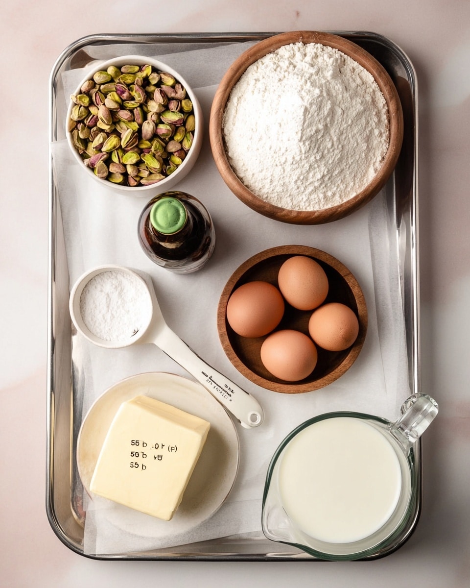 A silver tray lined with white parchment paper holds various baking ingredients arranged neatly: a small white bowl filled with green and brown pistachios sits at the top left; next to it is a small round wooden bowl with white flour; to the right is a dark bottle with a green cap. Below, toward the center, a larger round wooden bowl contains three brown eggs. To the left of it is a small white bowl filled with white sugar and a small cube of light yellow butter with measurements marked on its side. A white measuring spoon with some white powder rests near the flour and butter. At the bottom right corner is a clear glass measuring cup filled with creamy white milk. The background is a white marbled texture photo taken with an iphone --ar 4:5 --v 7