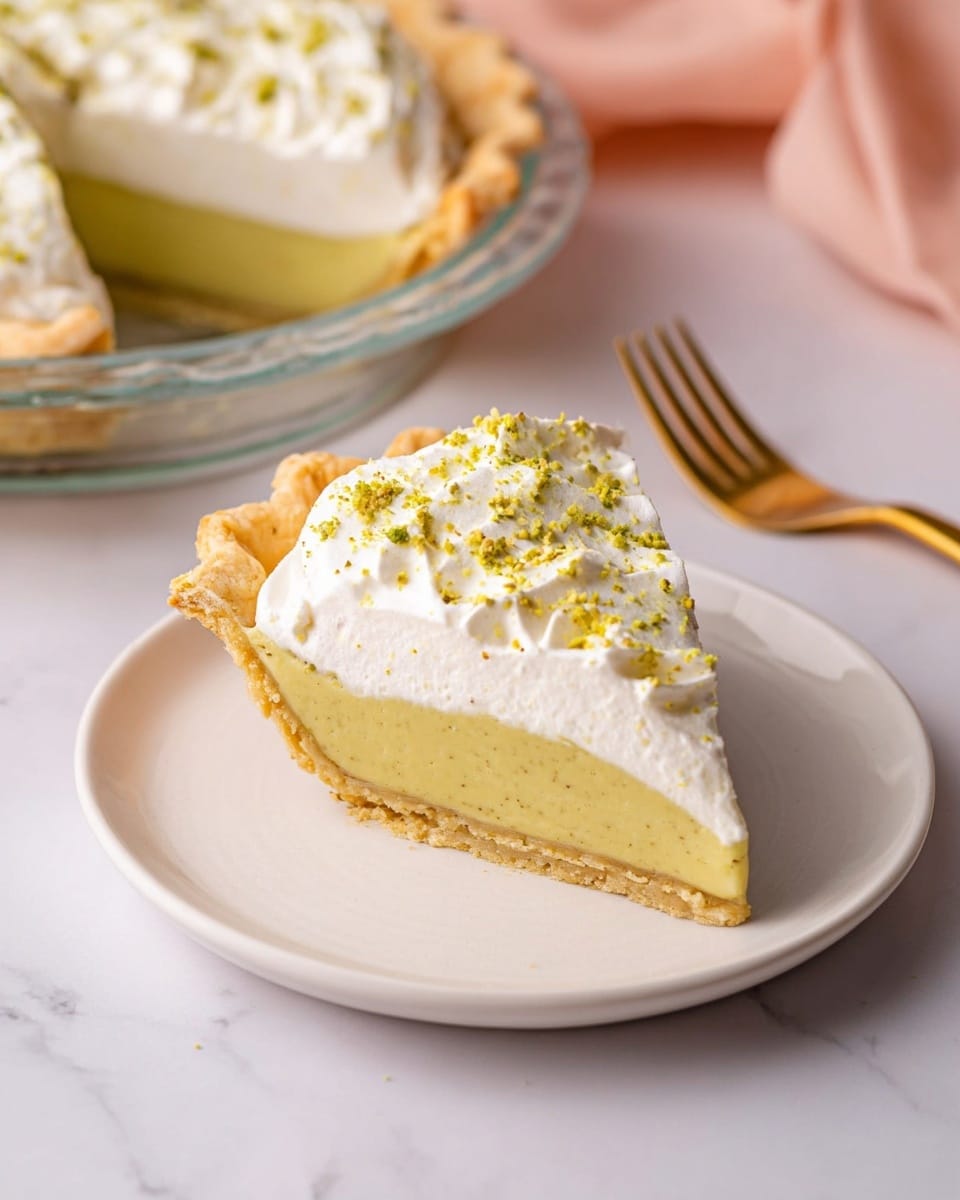 A slice of pie is shown on a white plate with a smooth, thick yellow-green layer as the base filling, topped with a thick, fluffy white layer of whipped cream sprinkled with small chopped green nuts. The pie crust is golden and crimped around the edges. In the background, there is a clear glass pie dish with the remaining pie inside, showing the same two layers and crust. A golden fork is placed on the white marbled surface near the plate. photo taken with an iphone --ar 4:5 --v 7