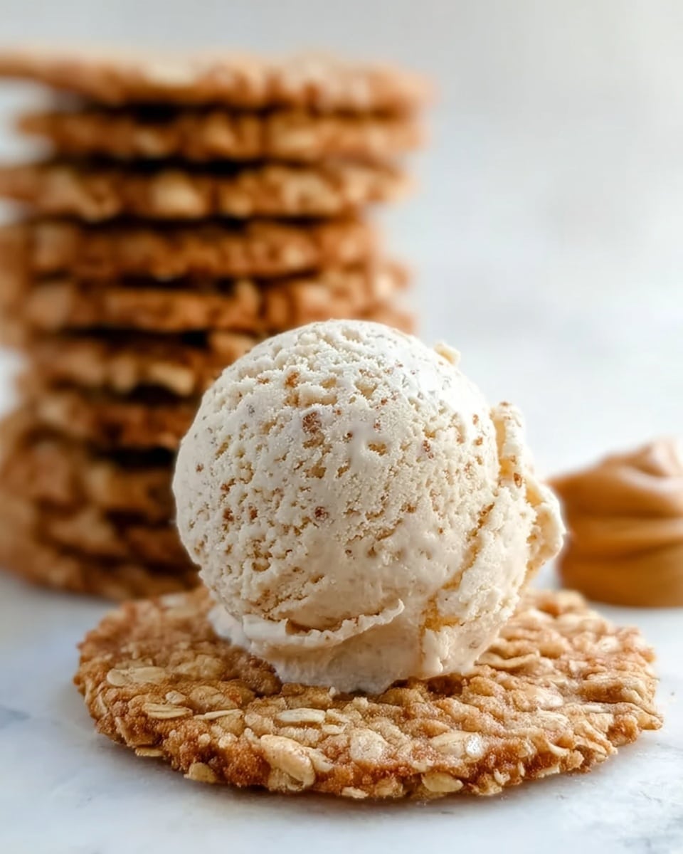 The image shows a close-up of an ice cream sandwich made with two round, textured oatmeal cookies that have a light brown, crumbly surface; the sandwich is filled with thick, white ice cream that slightly melts and drips on the sides. In the back, there is a stack of similar oatmeal cookies and some more cookies slightly blurred, all placed on a white marbled surface with soft lighting. The focus is on the front ice cream sandwich, capturing the contrast between the rough cookie texture and smooth creamy ice cream. photo taken with an iphone --ar 4:5 --v 7