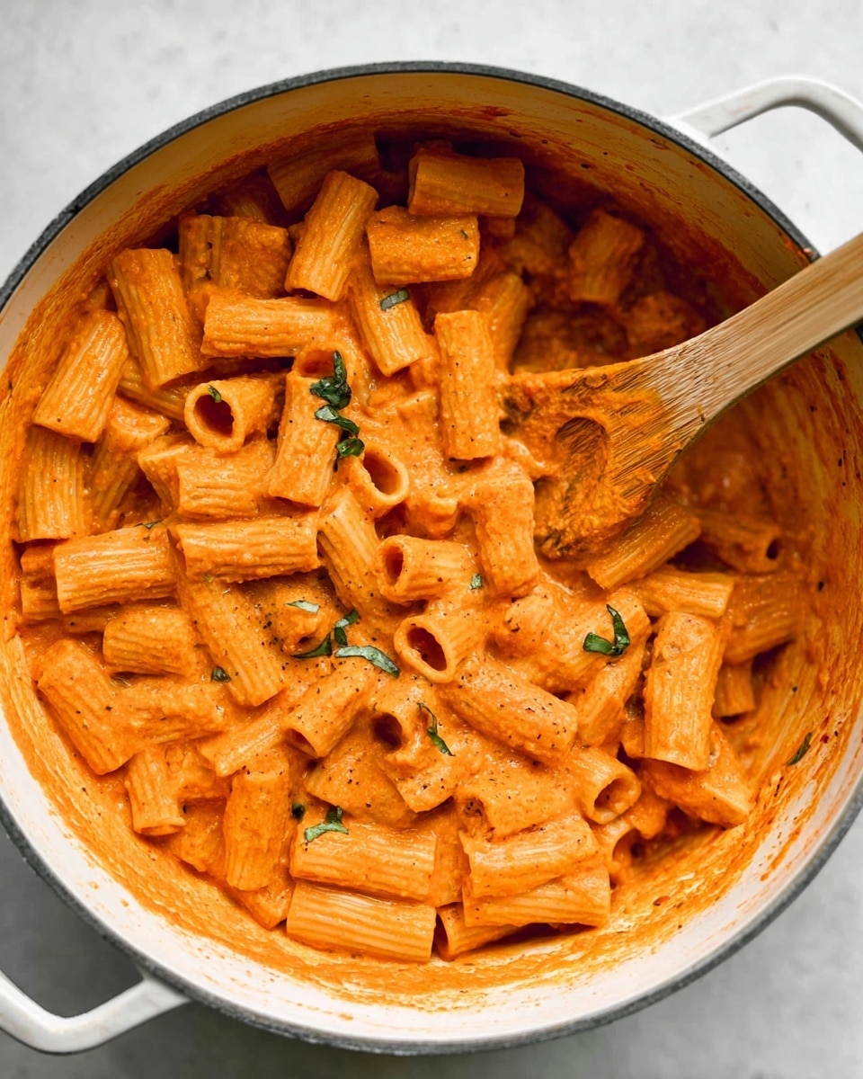 A bowl of rigatoni pasta covered in a creamy orange sauce is placed in the center of the image. The rigatoni pieces are thick, ridged, and tube-shaped, layered densely to fill the bowl. On top, finely grated white cheese is sprinkled lightly, adding a soft texture contrast, along with thinly sliced fresh green basil leaves adding a bright green color accent. A silver fork rests on the right side inside the white bowl. The bowl sits on a white marbled surface with a gray cloth partially visible below it. To the upper right, a small white bowl filled with light brown powder is partially shown. photo taken with an iphone --ar 4:5 --v 7