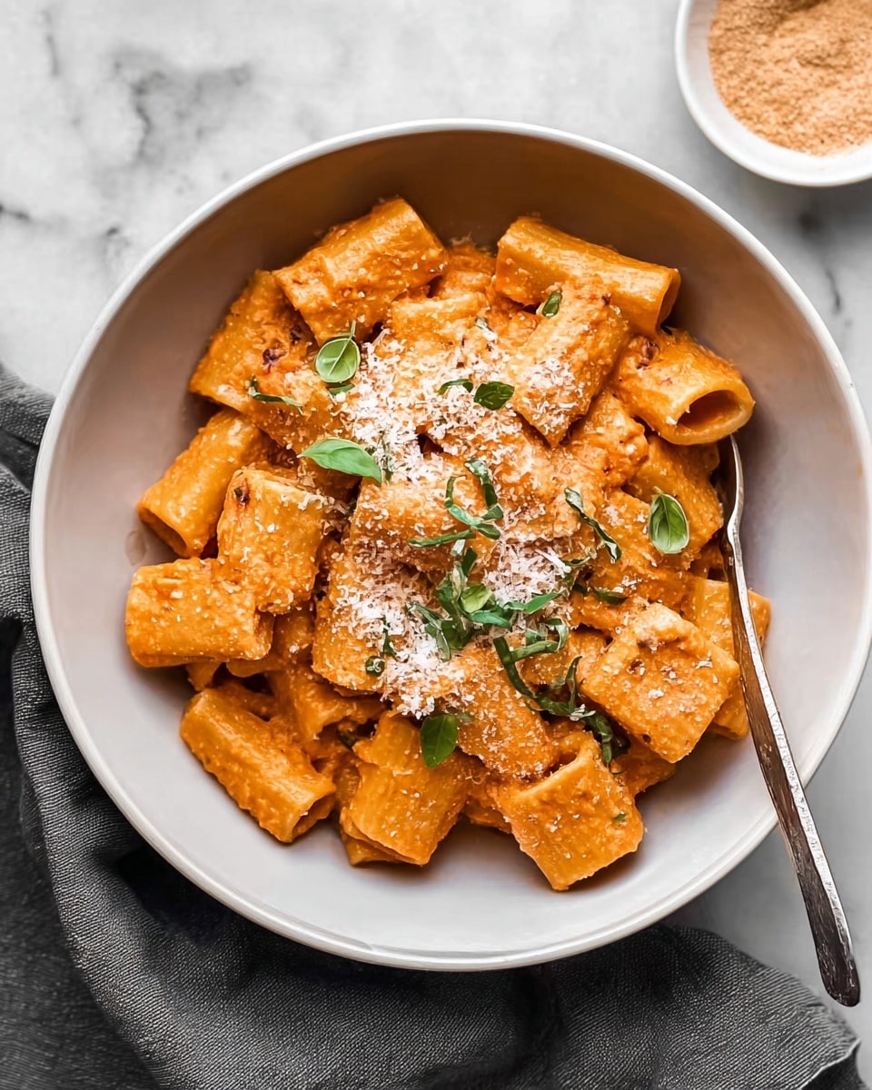 A white round pot filled with rigatoni pasta coated in a creamy orange-red sauce, with small pieces of green basil leaves sprinkled on top. A wooden spoon is resting inside the pot, partially covered with the same sauce. The white pot sits on a white marbled surface, and the texture of the sauce looks smooth and creamy, lightly sticking to the pasta pieces. photo taken with an iphone --ar 4:5 --v 7