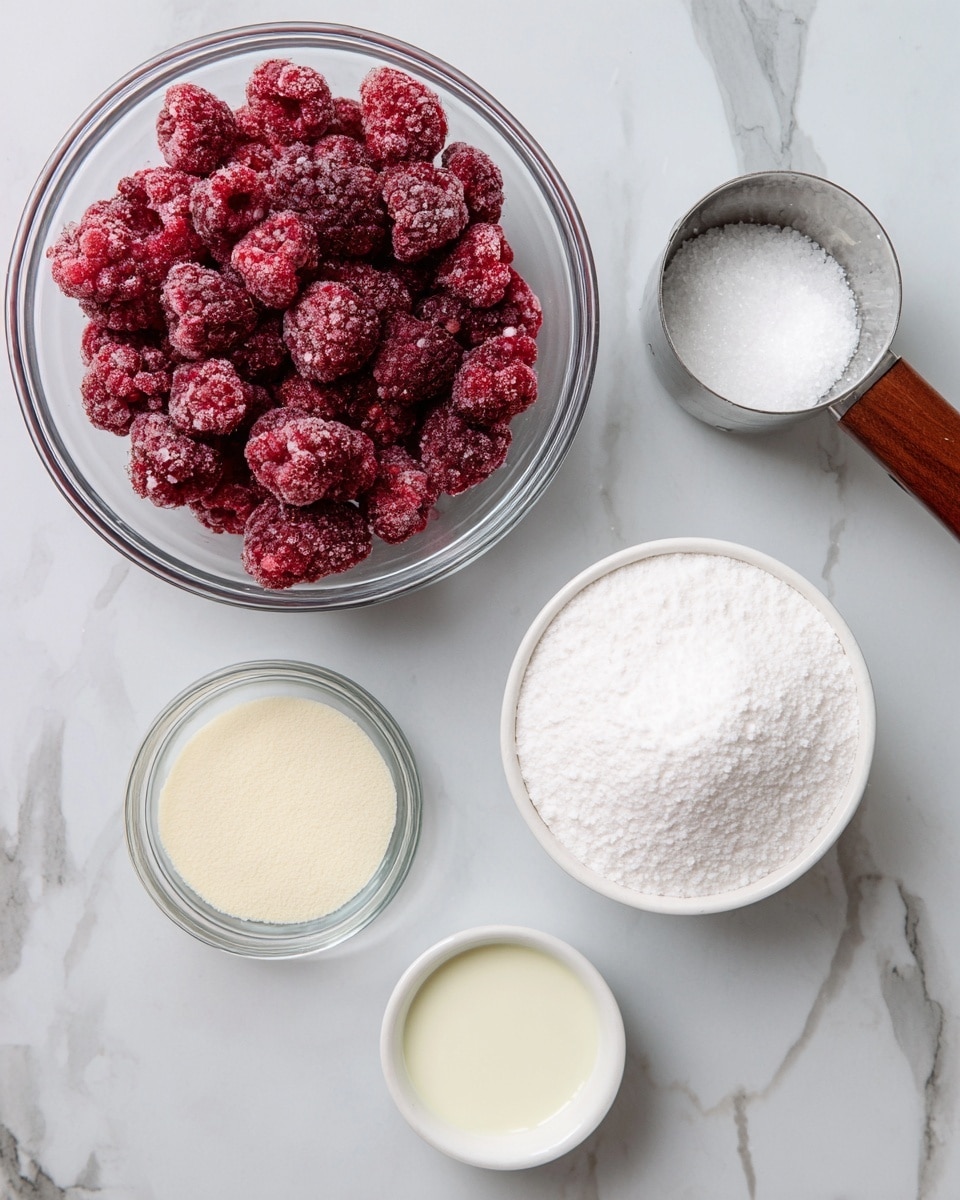 The image shows five bowls with cooking ingredients placed on a white marbled surface. The largest bowl is clear glass, filled with frozen red raspberries that have a frosty texture. Next to it is a white bowl holding a small amount of pale yellow powder. A small clear glass bowl near the center contains a white, powdery substance resembling cornstarch. To the right, a white bowl holds fine white salt, and above them is a shiny metal measuring cup filled with white granulated sugar, with a wooden handle extending to the right. The setup is arranged neatly and evenly spaced, with natural light highlighting the colors and textures. Photo taken with an iphone --ar 4:5 --v 7