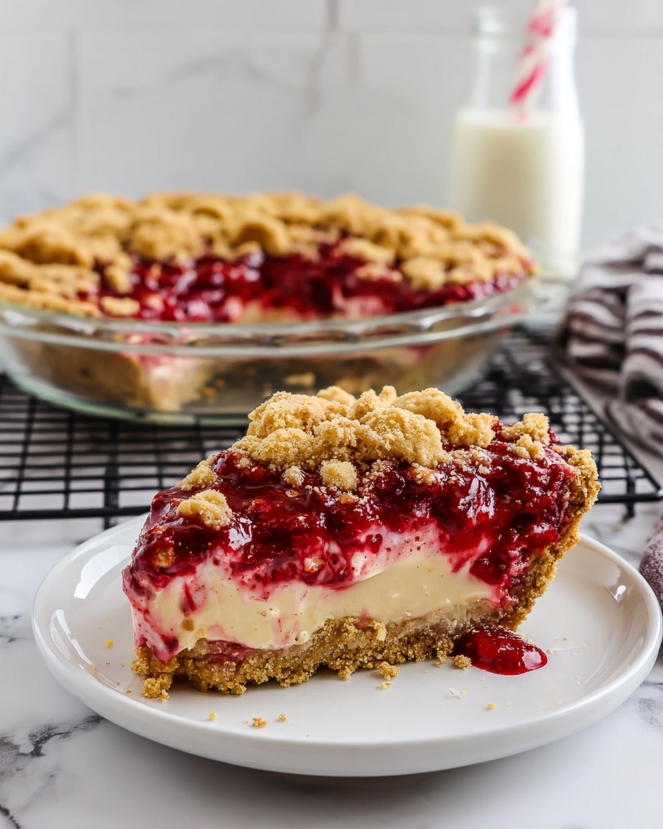 A single slice of pie sits on a white plate with a crumbly golden crust forming the bottom layer. Above the crust is a thick layer of pale, creamy filling, topped with bright red, glossy berry sauce mixed with bits of berries. On top of the sauce is a rough layer of golden crumb topping, uneven and chunky. In the background, the rest of the pie with one slice missing rests in a clear glass pie dish on a black cooling rack, set against a white marbled surface. A bottle of milk with a striped straw is blurred in the back. Photo taken with an iphone --ar 4:5 --v 7