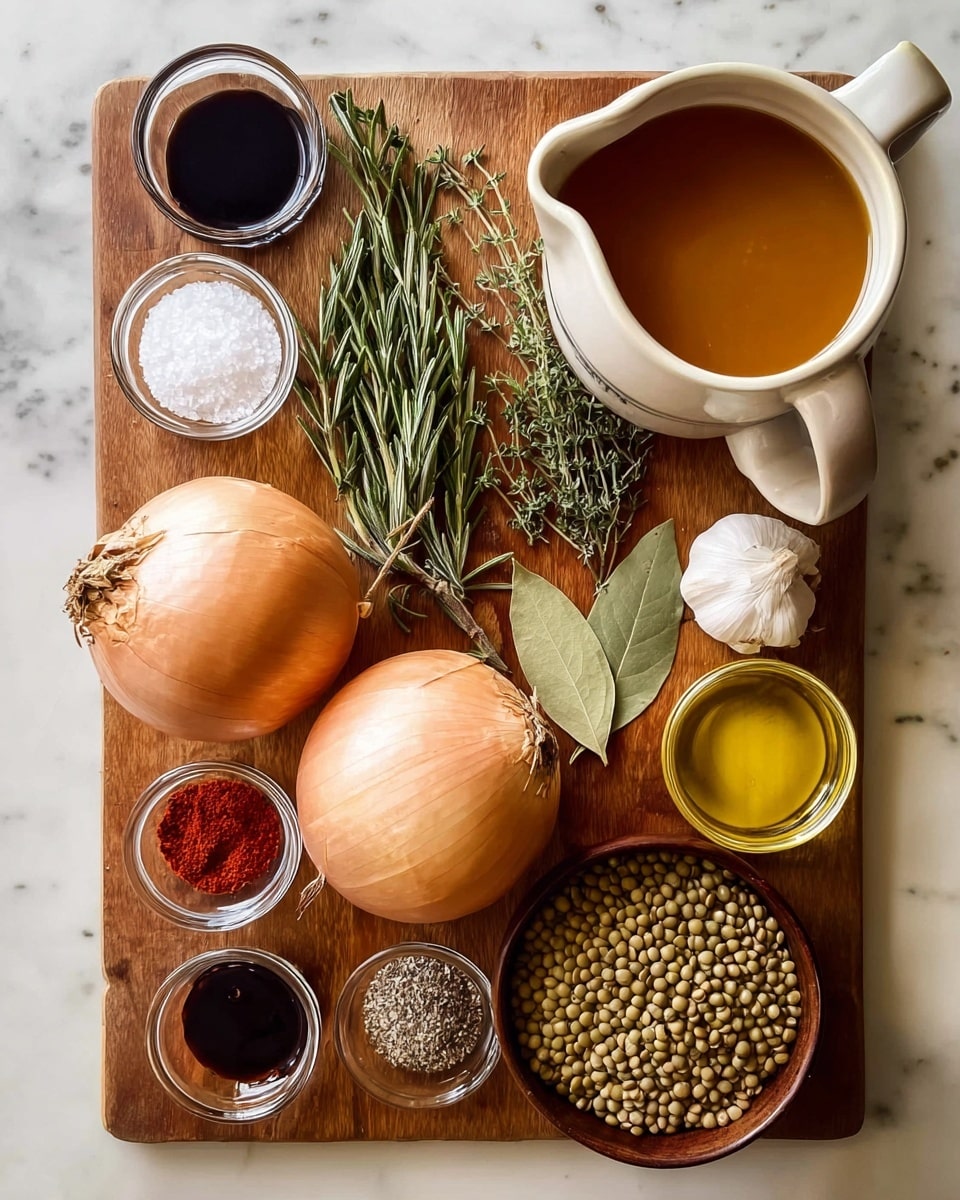 The image shows a wooden board with three whole yellow onions placed near the center and right side, their skins rough and papery. Below the onions, there are two sprigs of rosemary and two sprigs of thyme arranged vertically, along with two bay leaves near the middle. At the bottom right corner of the board, a brown bowl is filled with small, round, green lentils. Surrounding the board, small white bowls and glass containers hold a variety of ingredients: a red spice powder, dark liquid sauces, a whole garlic bulb, coarse salt, a small amount of red paste, golden oil, and a large white jug filled with orange-brown broth to the top right. The entire setup is laid on a white marbled surface. Photo taken with an iphone --ar 4:5 --v 7