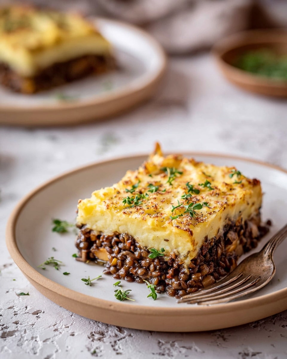 The image shows a square piece of layered food on a white plate with a beige rim. The bottom layer is dark brown with small lentils and bits of mushrooms mixed together, giving a textured look. The top layer is creamy yellow mashed potatoes with a lightly browned, slightly crisp surface. Small green herbs are sprinkled on the top and around the plate. The dish is placed on a white marbled textured surface with a metal fork beside it, and a blurred similar plate is visible in the background. Photo taken with an iphone --ar 4:5 --v 7