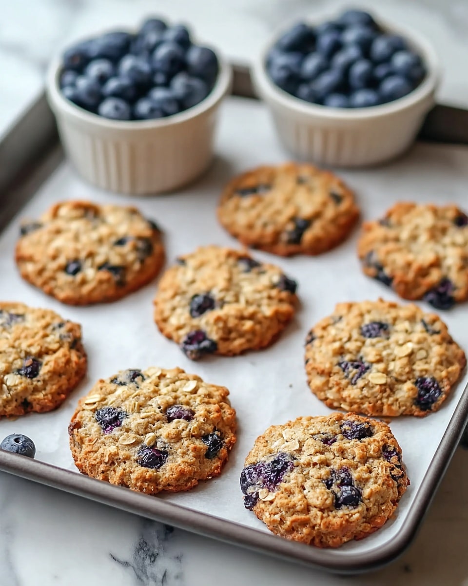 A stack of four oatmeal cookies with visible oats and dark blue blueberries baked into each cookie, showing a rough texture and golden brown edges, all placed inside a white bowl with tiny speckles on it. The bowl sits on a soft gray cloth on a white marbled surface, with a few fresh blueberries scattered around as decoration. In the background, there is a blurred wooden tray holding more cookies. The lighting is soft and natural, highlighting the textures and colors. photo taken with an iphone --ar 4:5 --v 7