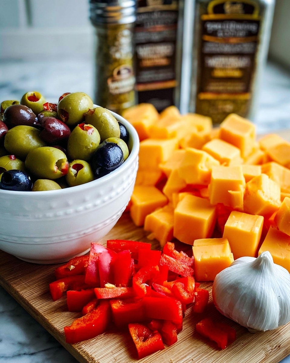 The image shows a close-up of a white bowl filled with green olives stuffed with red pimentos and a few black olives on top, positioned on the right. In front of the bowl, there are many bright orange cheese cubes stacked in layers on a wooden surface. To the left of the cheese cubes, there are small red bell pepper pieces arranged in a loose pile. At the bottom right corner, a bulb of garlic with white papery skin is placed on the wooden surface. In the background, two spice jars with dark labels and metal tops are slightly blurred, standing upright. The scene is set on a white marbled texture photo taken with an iphone --ar 4:5 --v 7