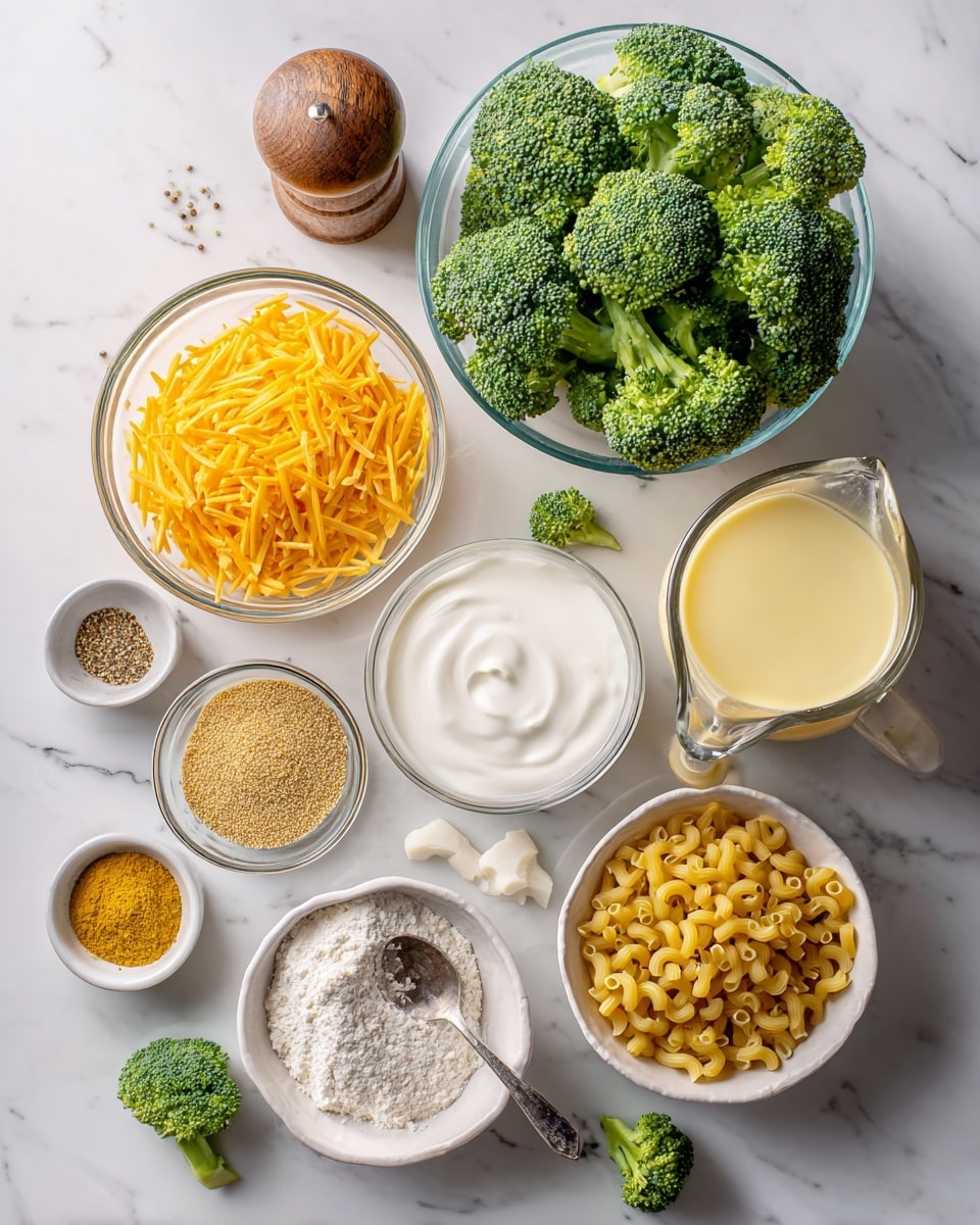 The image shows several small bowls and containers arranged on a white marbled surface, each holding different ingredients. At the top center, a clear glass bowl holds green broccoli florets. To the left, a white bowl contains bright orange shredded cheddar cheese. Below the broccoli, a small clear white bowl is filled with white heavy cream. To the right of the cream, a transparent measuring cup holds light yellow chicken broth. In the middle and bottom area are small containers: a white bowl with yellow mustard powder and brown ground nutmeg, a white salt container with a small spoon, and a round brown pepper grinder. On the right side, a white bowl holds dry yellow ditalini pasta. A few loose broccoli pieces are scattered near the bottom center. Photo taken with an iphone --ar 4:5 --v 7