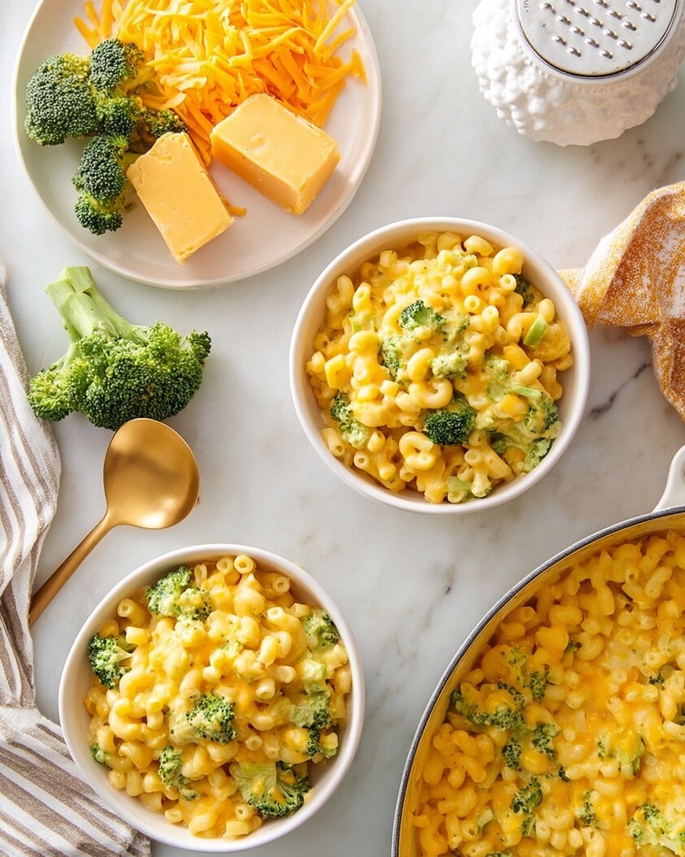 The image shows two white bowls filled with creamy macaroni and cheese mixed with bright green broccoli pieces. The pasta is small, tube-shaped, and coated in a rich, smooth yellow cheese sauce. Next to the bowls is a large pan filled with the same macaroni and cheese with broccoli. There is also a white plate with shredded orange cheese and two blocks of orange cheese on the side near a gold grater. A few fresh green broccoli florets are placed on the white marbled surface around the bowls. A striped kitchen towel and a round white container with a golden spoon are also visible nearby. Photo taken with an iphone --ar 4:5 --v 7