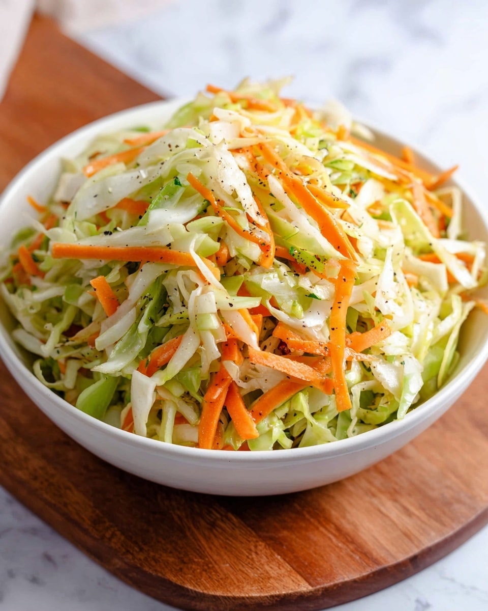 A white bowl filled with shredded cabbage and carrot salad sits on a wooden board over a white marbled surface. The salad has two clear layers: the bottom layer is mainly pale green and white cabbage pieces with soft textures, and the top layer is vibrant orange carrot strips mixed with some green cabbage and small bits of seasoning like black pepper scattered on top. The colors are fresh and bright, with the cabbage pieces showing slight curls and the carrots thin and straight, giving a crisp and light look. Photo taken with an iphone --ar 4:5 --v 7