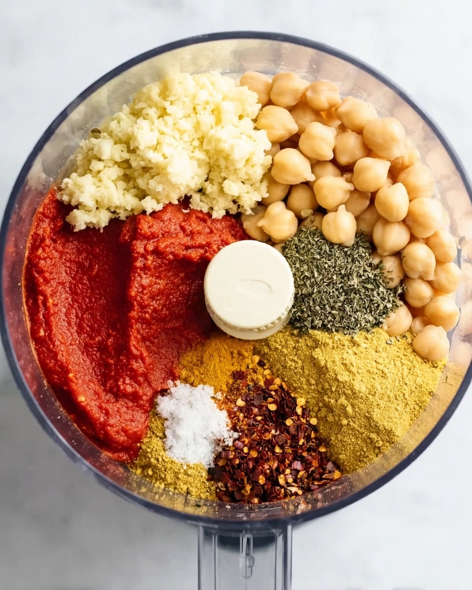 Inside a clear food processor bowl on a white marbled surface, there are seven distinct layers arranged side by side. Starting from the top left is a fluffy pale yellow pile of chopped garlic, next to it on the right are whole light beige chickpeas. Below the garbanzo beans is a small heap of dark green dried herbs, followed by a small pile of bright white salt. Beneath the salt is a larger portion of yellow nutritional yeast flakes, and next to that, a smaller mound of dark red chili flakes. On the left side, taking up nearly half of the bowl, is a thick, smooth bright red layer of tomato paste. The mixture's textures vary from smooth tomato paste to coarse herbs and flakes, all contrasting clearly in the transparent bowl. Photo taken with an iphone --ar 4:5 --v 7