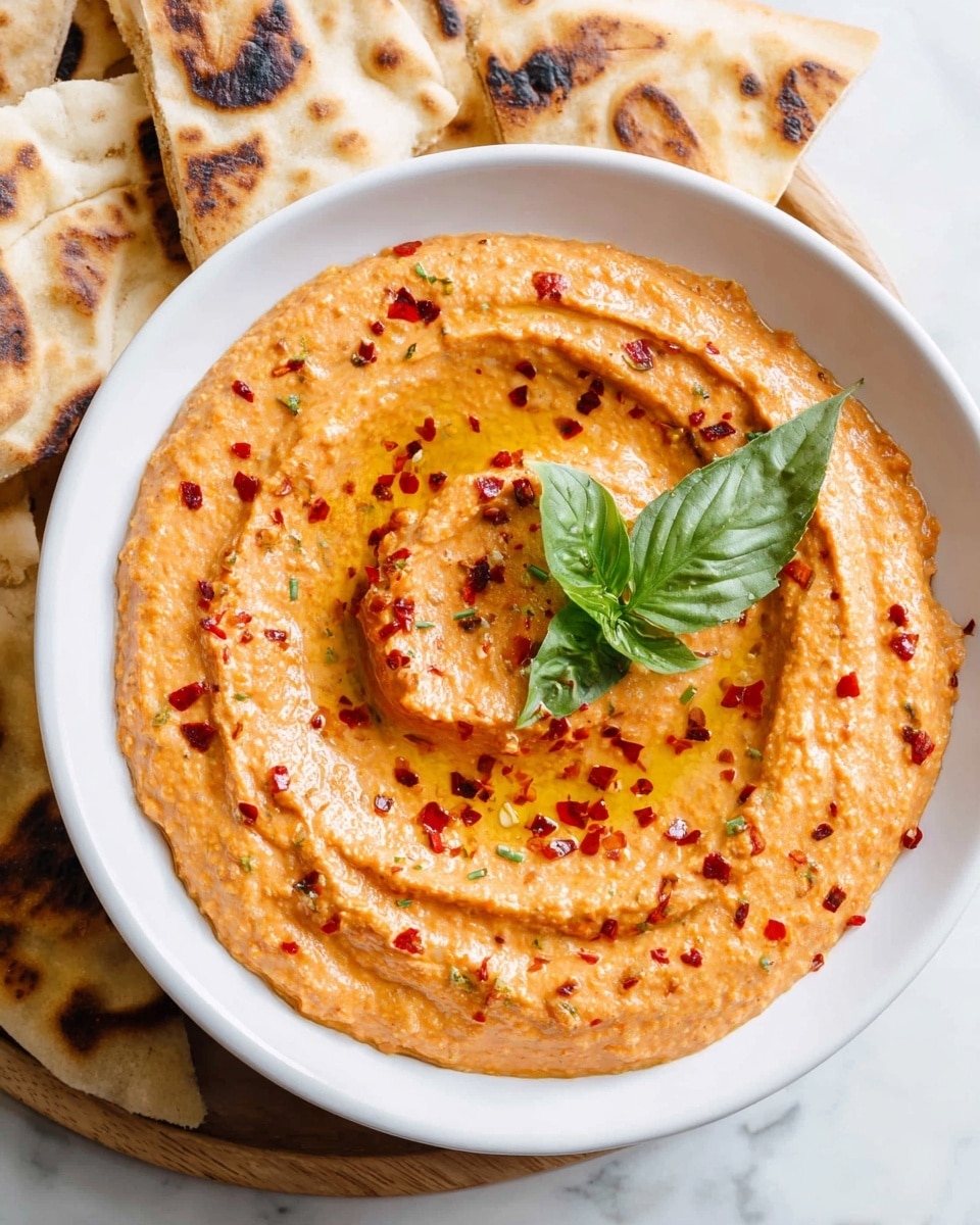 A white bowl filled with a thick orange dip swirled in a spiral shape, topped with a drizzle of golden olive oil and sprinkled with red chili flakes. A fresh green basil leaf sits in the center as garnish. Around the bowl, pieces of toasted flatbread with charred spots are arranged on a white marbled surface. The texture of the dip looks creamy with slight bits visible, showing a rich and textured appearance. photo taken with an iphone --ar 4:5 --v 7