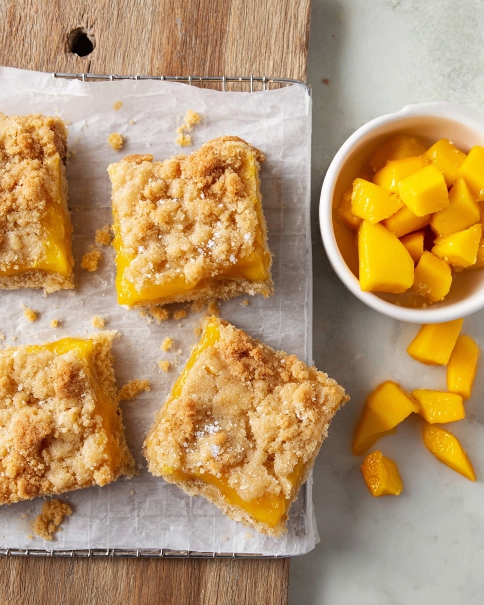 The image shows square pieces of crumbly mango bars with a golden-yellow mango filling visible under a lightly browned crumb topping. The bars rest on a white parchment-lined wire rack that sits on a white marbled surface. Bright orange-yellow mango chunks are placed in a small white bowl to the right, with a few pieces scattered on the surface near the bars. The crumb topping has a rough, slightly coarse texture with small white sugar spots visible. The warm colors contrast nicely with the crisp white bowl and parchment. photo taken with an iphone --ar 4:5 --v 7