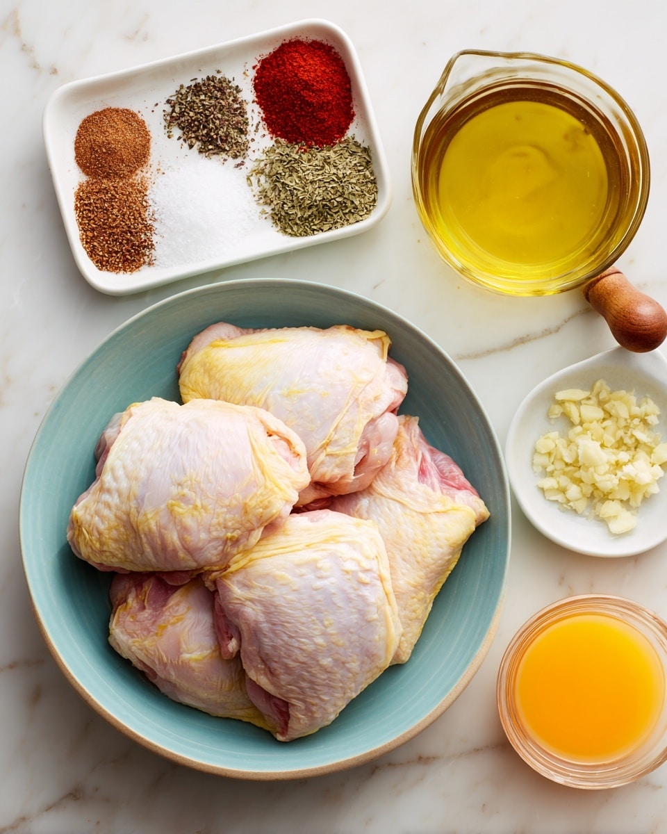The image shows four pieces of cooked chicken thighs with crispy, browned skin covered in spices. They are placed on a metal wire rack that sits over a baking tray lined with silver foil. The chicken skin has a mix of golden yellow and dark brown colors with a slightly oily texture. The wire rack is shiny and clean, with some dark spots where the chicken juices have dripped down on the foil below. The background surface is a white marbled texture. photo taken with an iphone --ar 4:5 --v 7