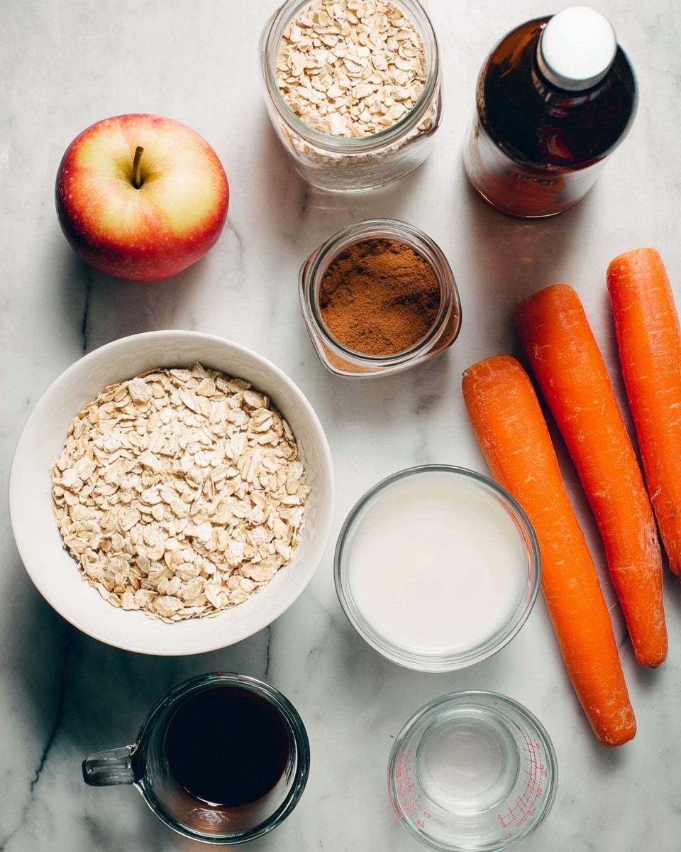 The image shows a white bowl filled with dry oats on the lower left side, next to a white marbled surface. Near the top center, there is a glass jar of cinnamon with a silver lid and a dark brown bottle beside it. An apple with red and yellow skin is placed to the left of three orange carrots on the right side. At the bottom right, there are two clear glass measuring cups, one filled with a white liquid and the other with water, and a small metal measuring cup filled with a dark liquid between them. Photo taken with an iphone --ar 4:5 --v 7
