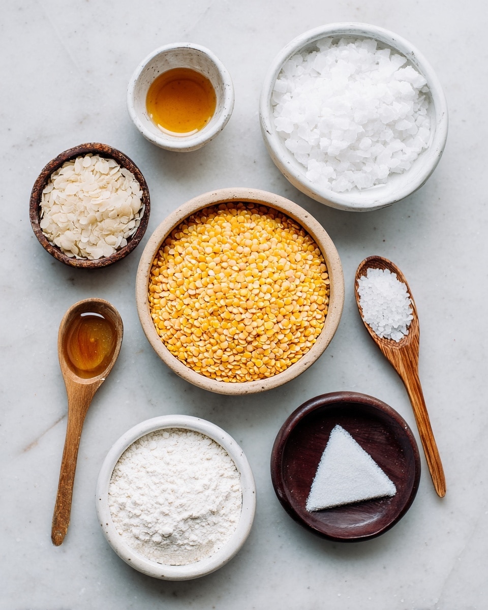 The image shows eight containers with different ingredients arranged on a white marbled surface. In the center, there is a round, light brown bowl filled with yellow split lentils. Above it, a white bowl holds white flakes. To the right of the lentils, a round white bowl contains white sugar. Below, a similar white bowl is filled with fine white powder, and next to it, another small white bowl has a similar fine powder. Above these, a dark brown wooden spoon holds white salt, and beside it, a triangular dark brown bowl has small white grains. On the left side, a wooden spoon contains golden syrup-like liquid. All the containers have simple shapes and the colors contrast nicely with the white marbled surface photo taken with an iphone --ar 4:5 --v 7