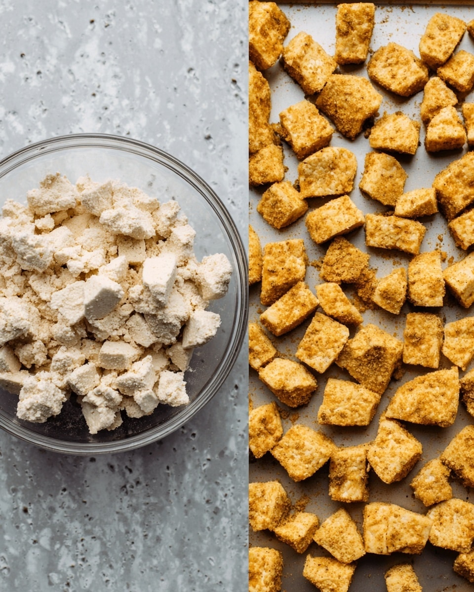 The image shows two parts side by side. On the left, a clear glass bowl filled with white, crumbly tofu pieces sitting on a white marbled surface. On the right, many golden brown crispy tofu pieces spread evenly on a pan, showing a crunchy texture. The tofu pieces are irregular in shape and look crisp. The background is also white marbled. Photo taken with an iphone --ar 4:5 --v 7