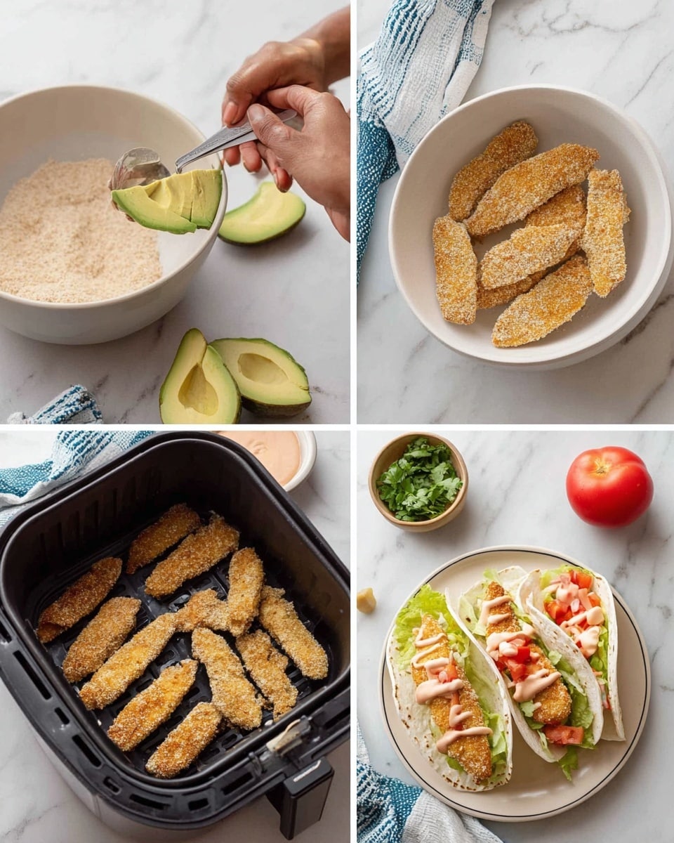The image shows four stages of making a dish. The first stage has a woman's hand scooping green avocado slices from its skin using a spoon over a white marbled surface. The second stage shows a white bowl filled with light golden breading mix with a spoon resting inside. The third stage displays several golden brown breaded strips cooking inside a black air fryer basket. The last stage features two soft tacos on a white plate, each taco filled with green lettuce, diced red tomatoes, golden breaded strips, and drizzled with a light pink sauce, with a small bowl of green herbs and a whole tomato placed nearby on a white marbled surface with a blue and white towel underneath. Photo taken with an iphone --ar 4:5 --v 7