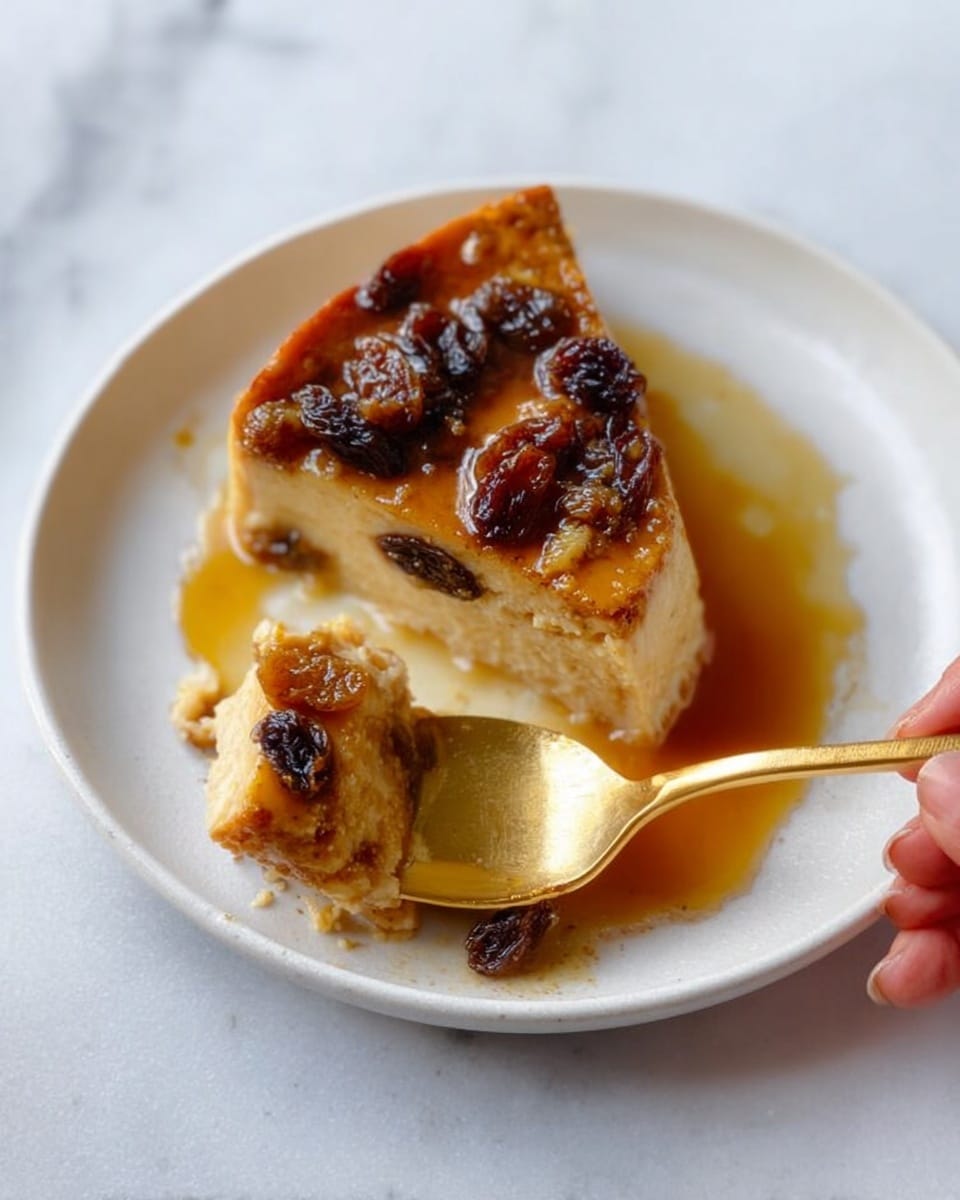 A white plate on a white marbled surface holds a slice of light brown custard-like dessert with a soft and somewhat spongy texture, topped with dark brown raisins and soaked in an amber-colored syrup that pools around it. A golden spoon with a piece of the dessert, soaked in syrup, rests on the plate, showing the moist texture inside. The spoon is held by a woman's hand. Photo taken with an iphone --ar 4:5 --v 7