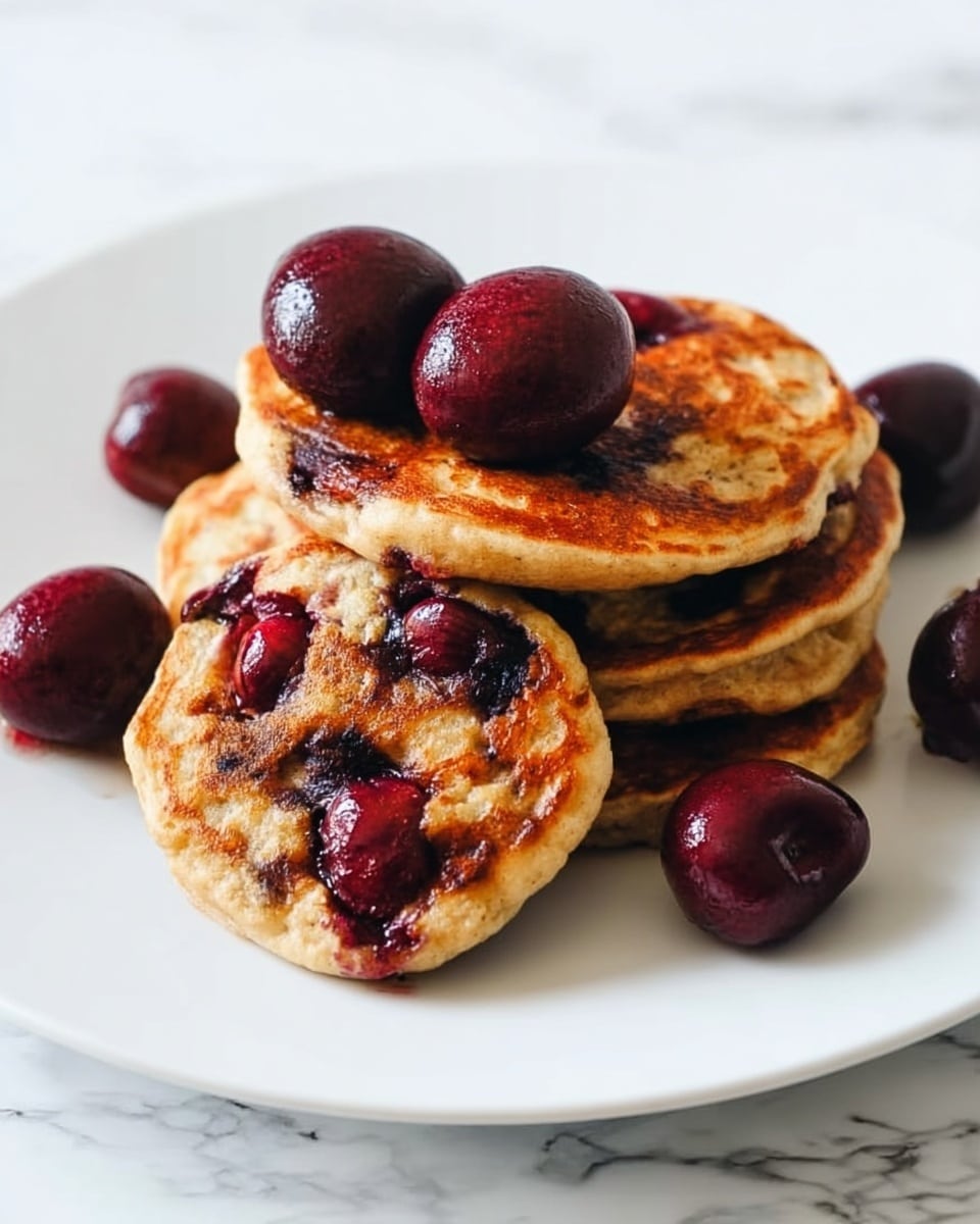 A stack of five golden-brown pancakes is shown on a white plate, with dark red cherries placed on top and around the pancakes. The pancakes have a soft, slightly uneven texture with some darkened spots from cooking, and visible juicy chunks of cherries baked into their surface, creating a contrast between the light pancake and deep red fruit. The background is a white marbled surface. photo taken with an iphone --ar 4:5 --v 7