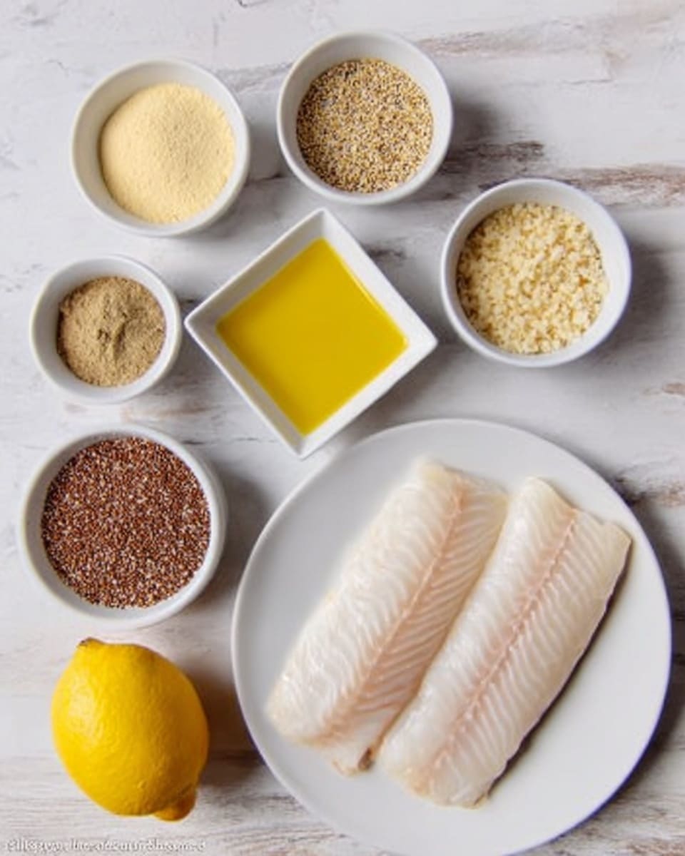 The image shows a white plate on a white marbled surface with two raw white fish fillets placed side by side on the right side of the plate. Around the plate are six small white bowls and one small white square dish arranged neatly. The bowls contain different ingredients, including a pale yellow powder, a light brown powder, darker brown seeds, and a crumbly beige mixture. The square dish holds a smooth yellow liquid. There is also a whole yellow lemon placed near the center left of the image. Photo taken with an iphone --ar 4:5 --v 7