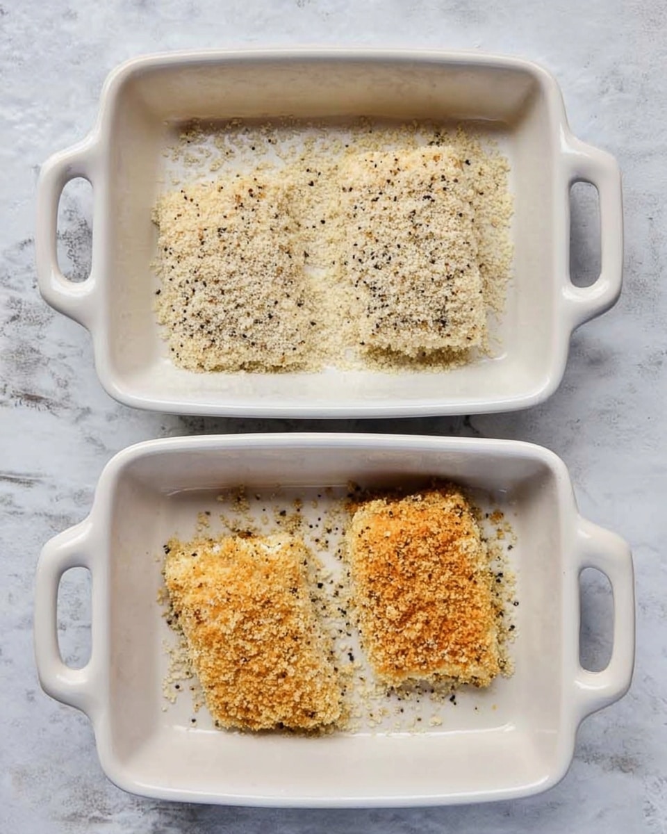 Two white baking dishes are placed on a white marbled surface, one above the other. The top dish holds two raw pieces of food coated with a pale, light beige crumb layer that looks slightly coarse and speckled with small black spots. The bottom dish contains two cooked pieces with a golden-brown crust, textured and crumbly, showing some darker toasted spots. Both dishes have handles on the sides and a clean, smooth white finish. Photo taken with an iphone --ar 4:5 --v 7