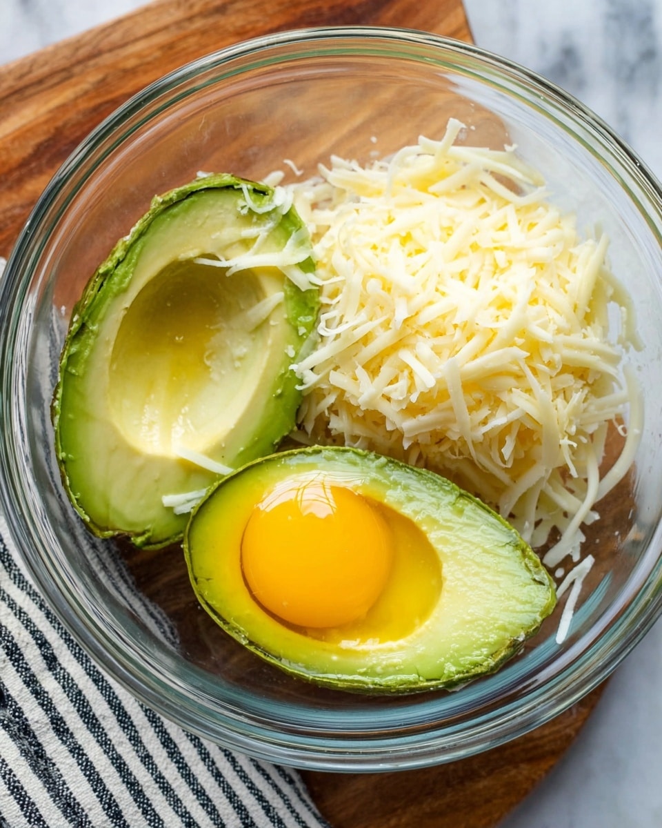In a clear glass bowl placed on a white marbled surface, there are three main layers: two large halves of green avocado with smooth, creamy texture on the bottom right and left sides, topped with a light sprinkle of white shredded cheese, a bright yellow whole egg yolk sitting near the top left, surrounded by clear egg white, and a heap of more white shredded cheese piled high on the top right, creating a mix of soft and textured layers. photo taken with an iphone --ar 4:5 --v 7