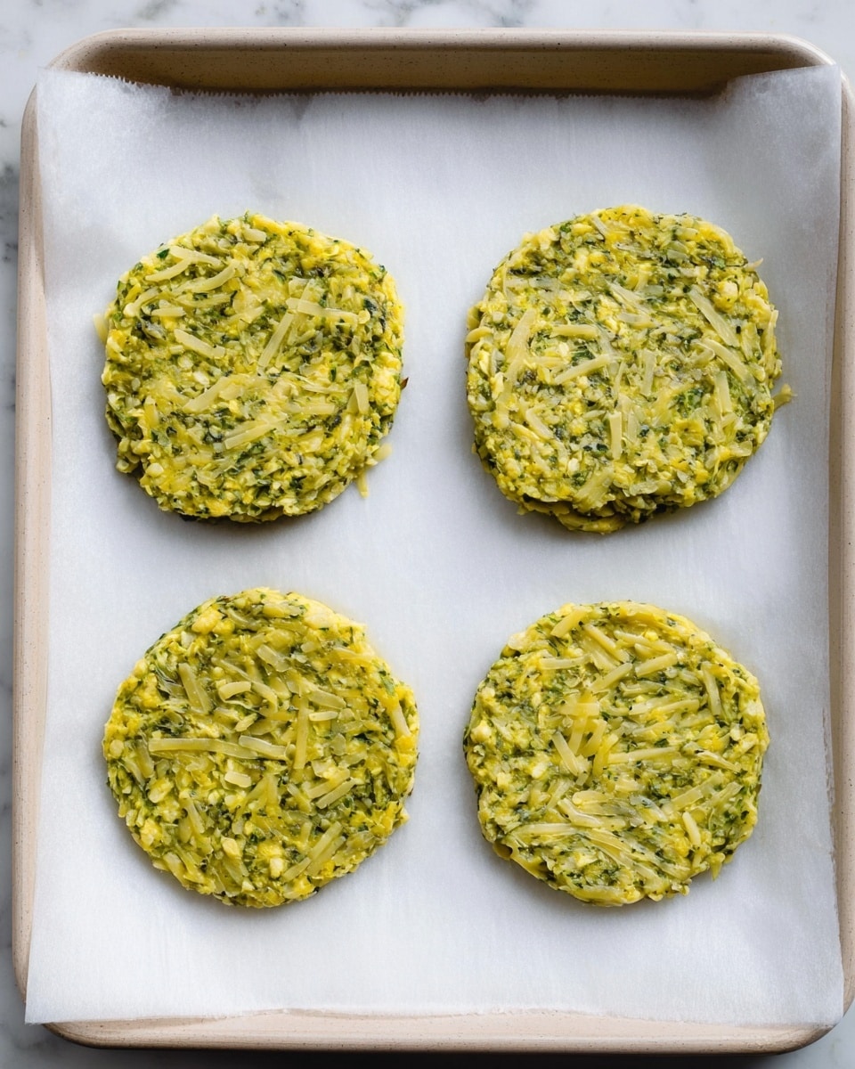 The image shows a baking tray with four round, flat patties made from a mixture that looks like shredded white cheese and green avocado mashed together. The patties are evenly spaced on a white parchment paper that covers the tray. The texture is slightly rough with visible strands of shredded cheese mixed in with a creamy, chunky green base. The tray edges are metal and the background is a white marbled texture. photo taken with an iphone --ar 4:5 --v 7