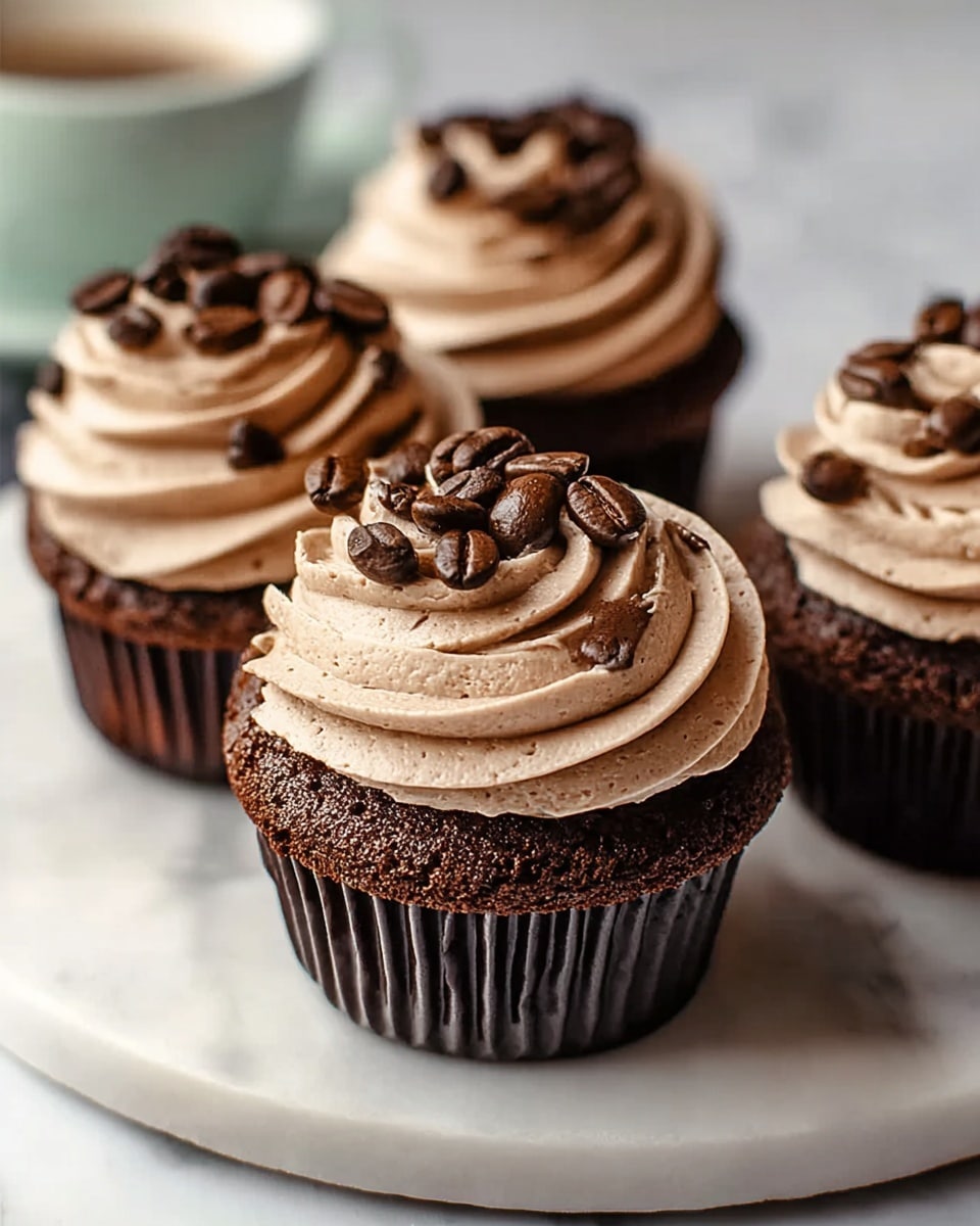 The image shows three chocolate cupcakes on a white cake stand with a smooth white marbled background. Each cupcake has one dark brown base layer with ridged paper liners and a thick, creamy light brown frosting swirled smoothly on top in a circular pattern. Dark chocolate coffee beans are scattered gently over each frosting swirl as decoration. The focus is sharp on the front cupcake while the other two are slightly blurred in the background. Photo taken with an iphone --ar 4:5 --v 7