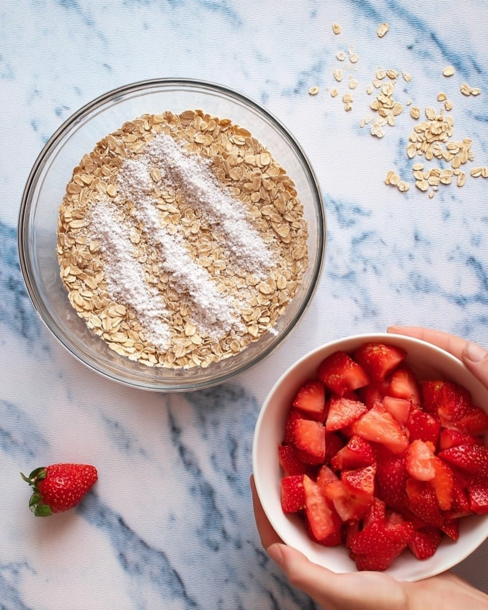 A clear glass bowl sits on a white marbled surface, filled with a layer of light brown rolled oats topped with small white powdery lines arranged in a swirl pattern. Next to it, a woman's hand holds a white bowl filled with bright red chopped strawberries that have a juicy texture. There are some scattered oats around the bowl on the white marbled surface. photo taken with an iphone --ar 4:5 --v 7