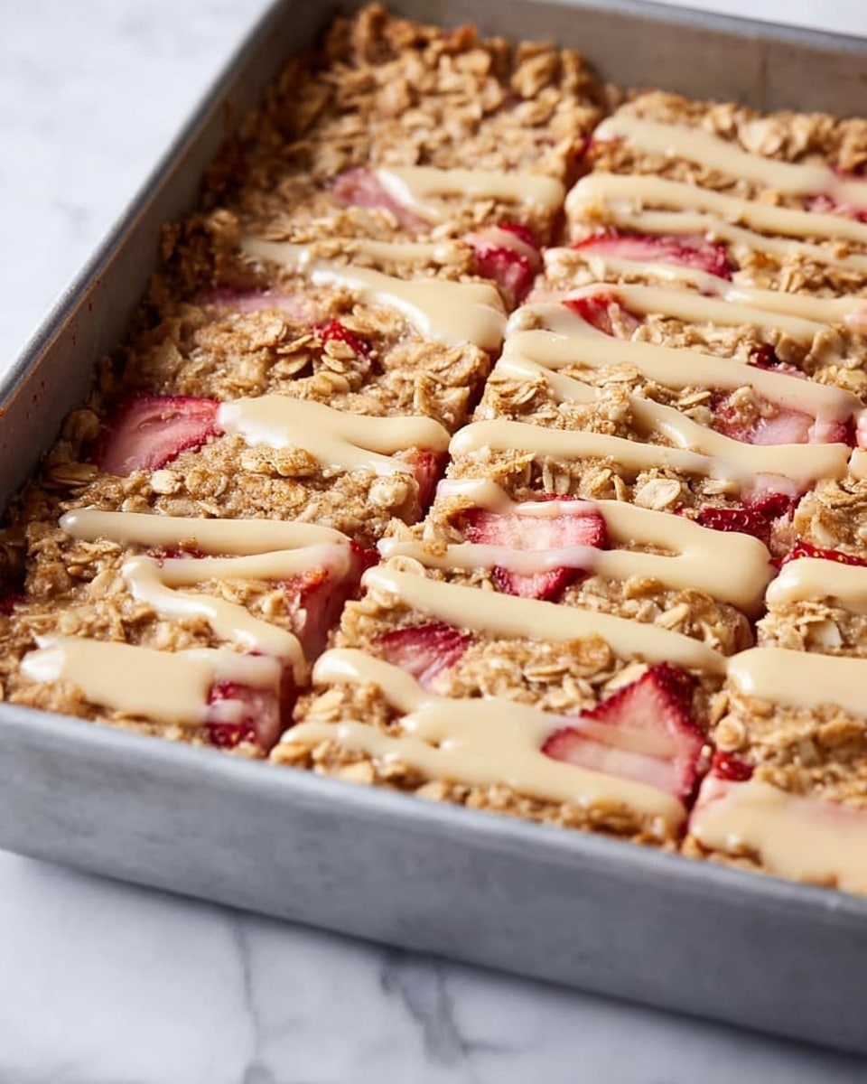 The image shows a rectangular metal baking pan filled with a baked oat and strawberry mixture. The top layer is golden brown oats with a bit of rough texture, spread evenly. Underneath, you can see pieces of pinkish sliced strawberries peeking through. Creamy light beige sauce is drizzled over the oat layer in wavy lines, adding a smooth contrast. The pan is placed on a white marbled surface. Photo taken with an iphone --ar 4:5 --v 7