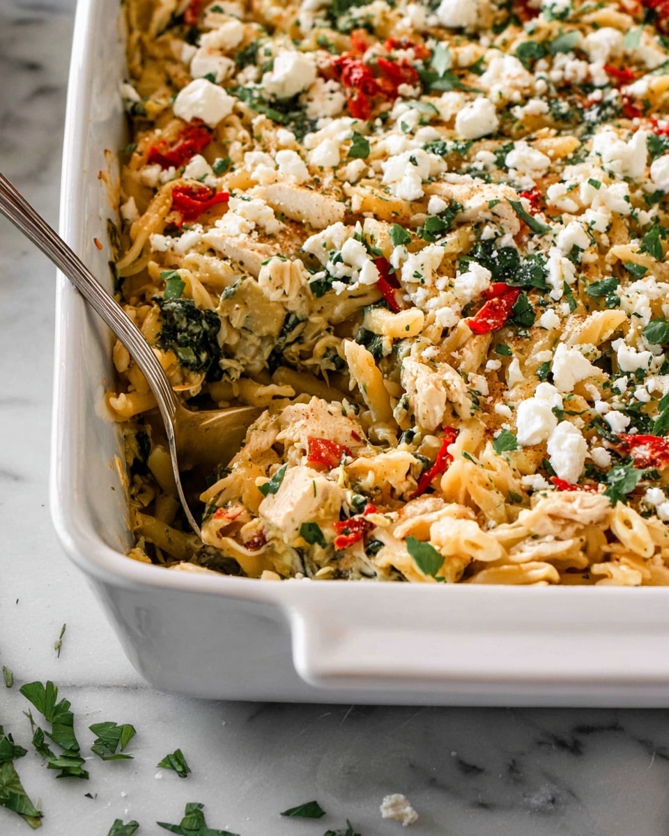 A close-up of a white rectangular baking dish filled with a mixed pasta casserole. The top layer has small pieces of white cheese crumbled over it, scattered green herb flakes, and bits of red roasted peppers. The pasta underneath is light yellow and mixed with chunks of white chicken and darker green leafy vegetables. A silver spoon is digging into the dish from the right side. The dish sits on a white marbled surface with small green herb leaves scattered around. Photo taken with an iphone --ar 4:5 --v 7