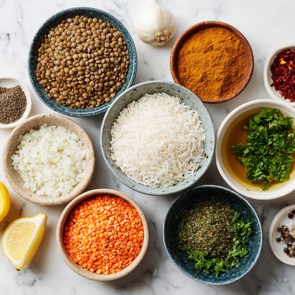 The image shows a close-up of a bowl filled with cooked rice mixed with dark brown lentils and small cubes of light yellow potatoes. There are also small orange chunks of carrots scattered throughout the dish. The rice and lentils are a warm, golden orange color, likely from spices, with finely chopped green herbs sprinkled on top, adding a fresh contrast. The texture looks soft and slightly moist, with individual grains of rice clearly visible. The bowl is white and sits on a white marbled surface. Photo taken with an iphone --ar 4:5 --v 7