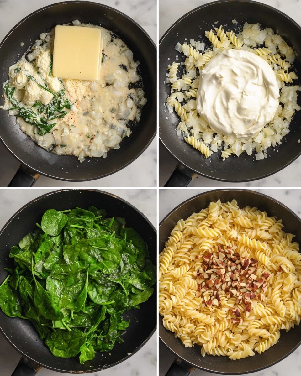 A large shallow white plate filled with creamy light yellow pasta mixed with small green spinach leaves and bits of brown walnuts scattered throughout. The pasta has a soft texture with some ruffled edges visible. To the top left, there is a white bowl with fresh green spinach leaves overflowing slightly. Above the plate on the right side, a white bowl holds a large piece of blue cheese with white and blue marbled texture. A few whole walnuts are placed nearby. The scene is set on a white marbled surface with a striped cloth napkin partly visible on the left and a bronze fork resting on the right side. Photo taken with an iphone --ar 4:5 --v 7