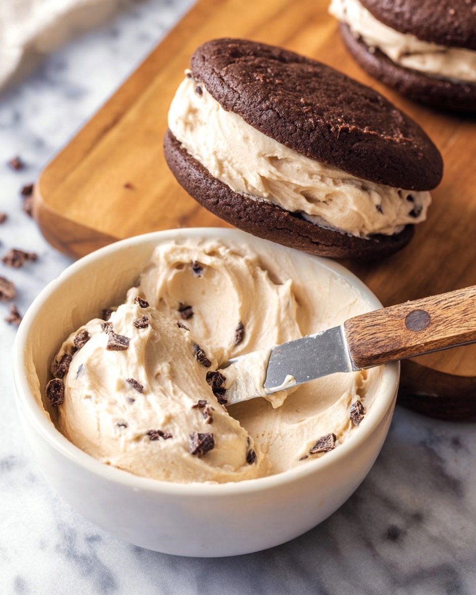The image shows two chocolate sandwich cookies with a thick layer of creamy, light beige filling in the middle. The cookies are dark brown and have a slightly rough, textured surface. In the front, there is a white bowl filled with the same creamy filling mixed with small dark chocolate pieces, and a knife with a wooden handle resting inside the bowl. The background is a white marbled texture with a wooden board underneath the cookies. Photo taken with an iphone --ar 4:5 --v 7