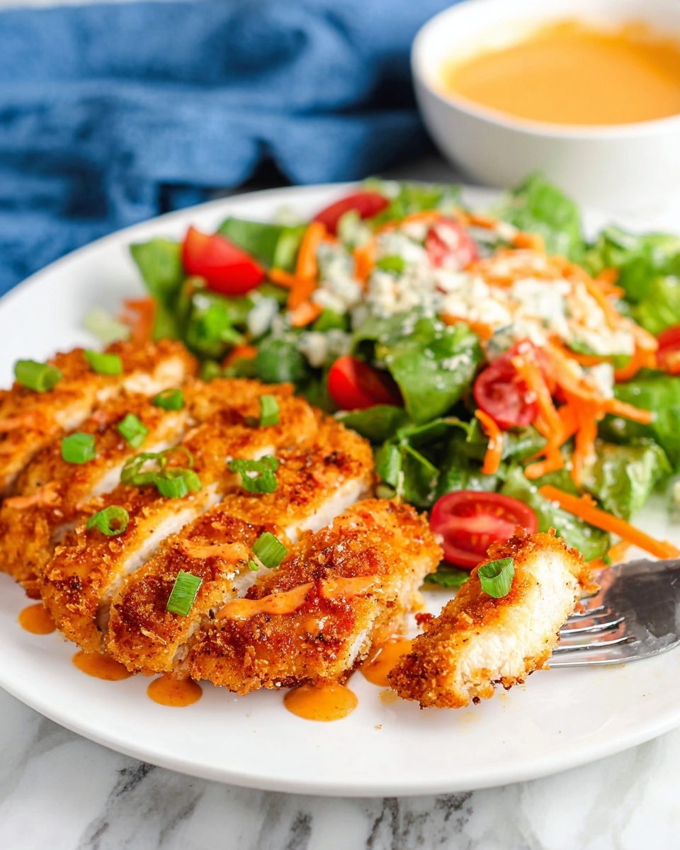 A white plate holds a piece of crunchy, golden-brown coated chicken sliced into five pieces, each topped with small green onion pieces and light orange sauce drizzles; a piece of chicken is held on a silver fork in the foreground. Next to it, there is a fresh salad made of bright green lettuce, orange shredded carrots, and red tomato chunks, sprinkled with white cheese bits. A bowl of orange-colored dressing is visible in the blurred white marbled background, with a blue cloth underneath the plate. photo taken with an iphone --ar 4:5 --v 7